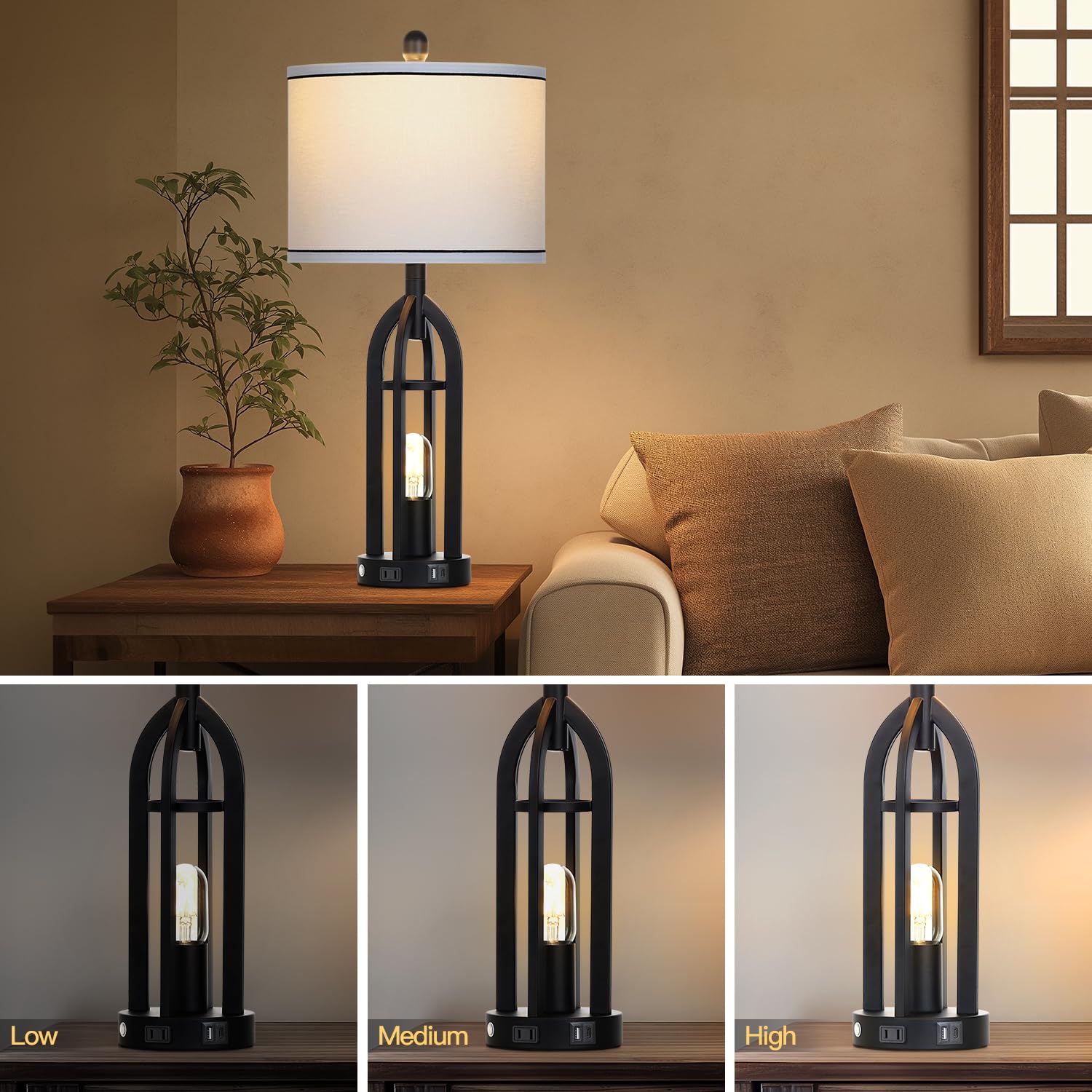 27'' Black Table Lamp For Living Room,Black Table Lamps Set Of 2 With Usb & Ac Outlet, 3-Way Dimmable Farmhouse Lamps For Night