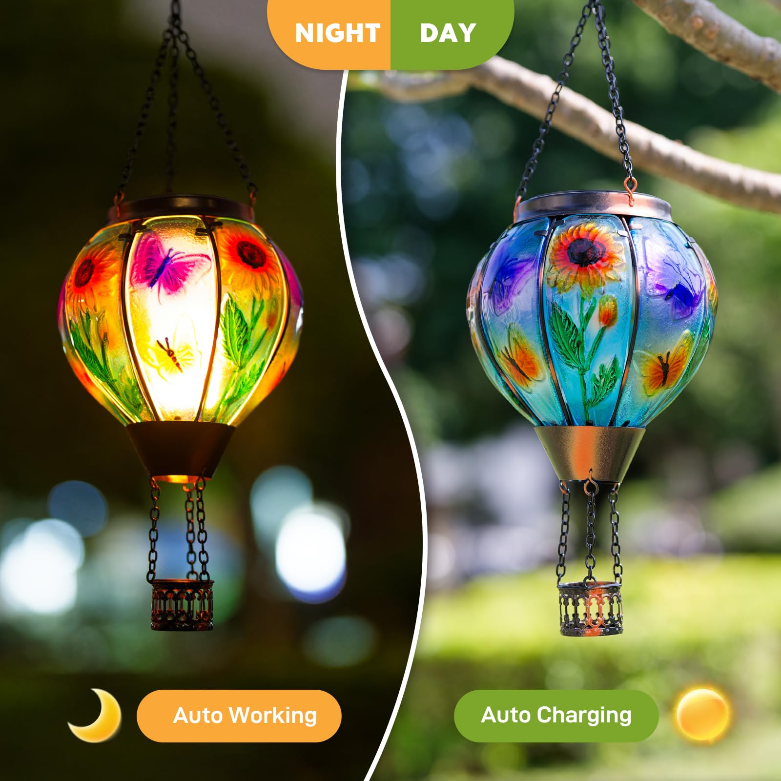 Sunnygarden Hot Air Balloon Solar Lantern, Butterfly Solar Powered Hot Air Balloon Lantern Outdoor Waterproof, Glass Hanging Hot Air Balloon Solar Light For Outdoor Patio Garden Decor