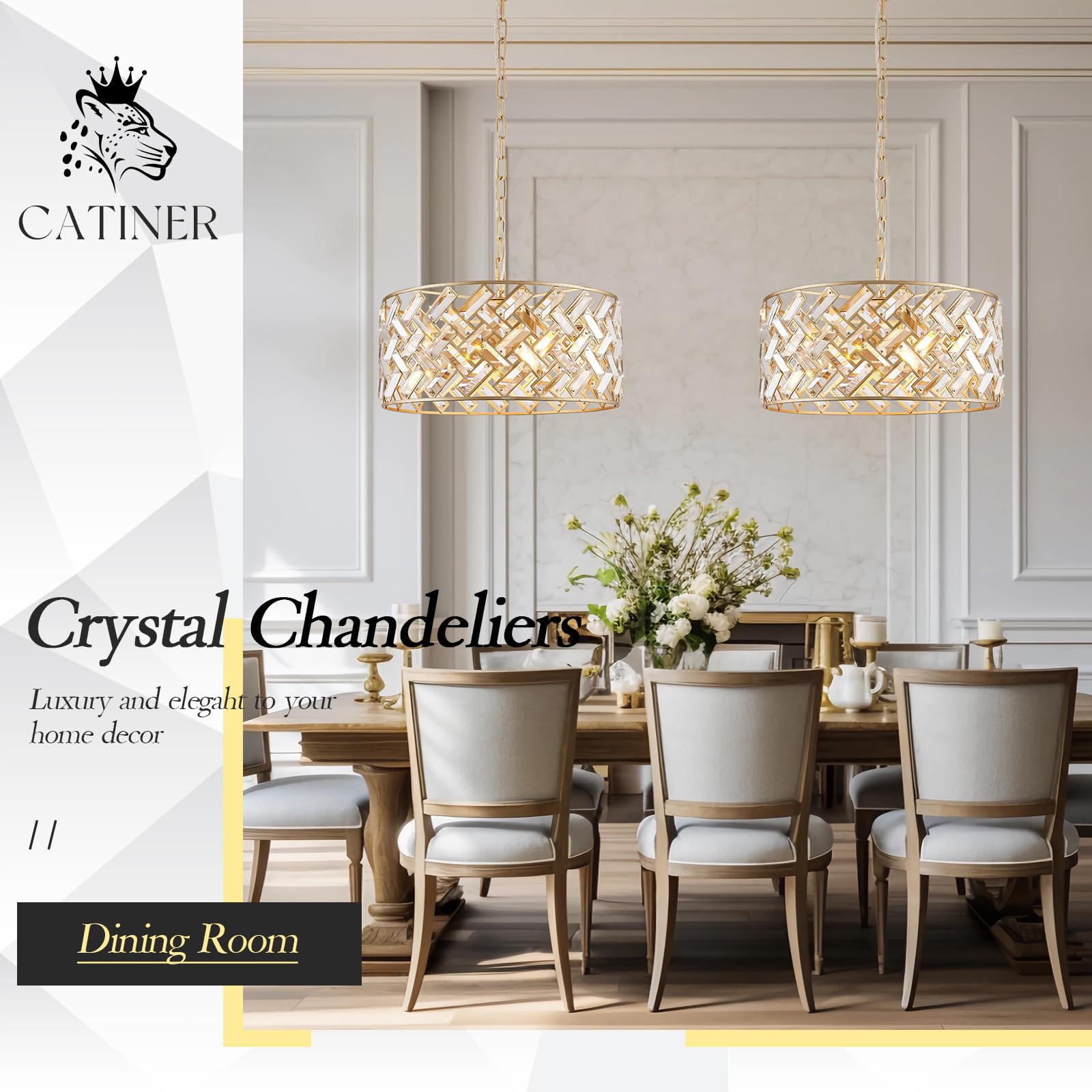 Catiner Gold Crystal Chandelier Modern 18" Round Semi Flush Mount Ceiling Light For Dining Living Room Bedroom & Foyer - Large Round Pendant Fixture