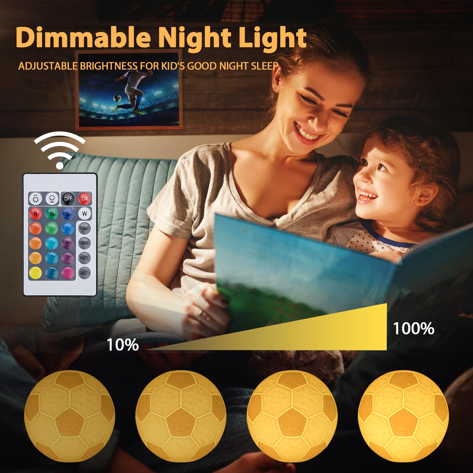 Balkwan Soccer Night Light, Dimmable 16 Colors, 5.9in Plastic Moon Lamp for Kids, Model Soccer001, Multicolor Home Decor Gift