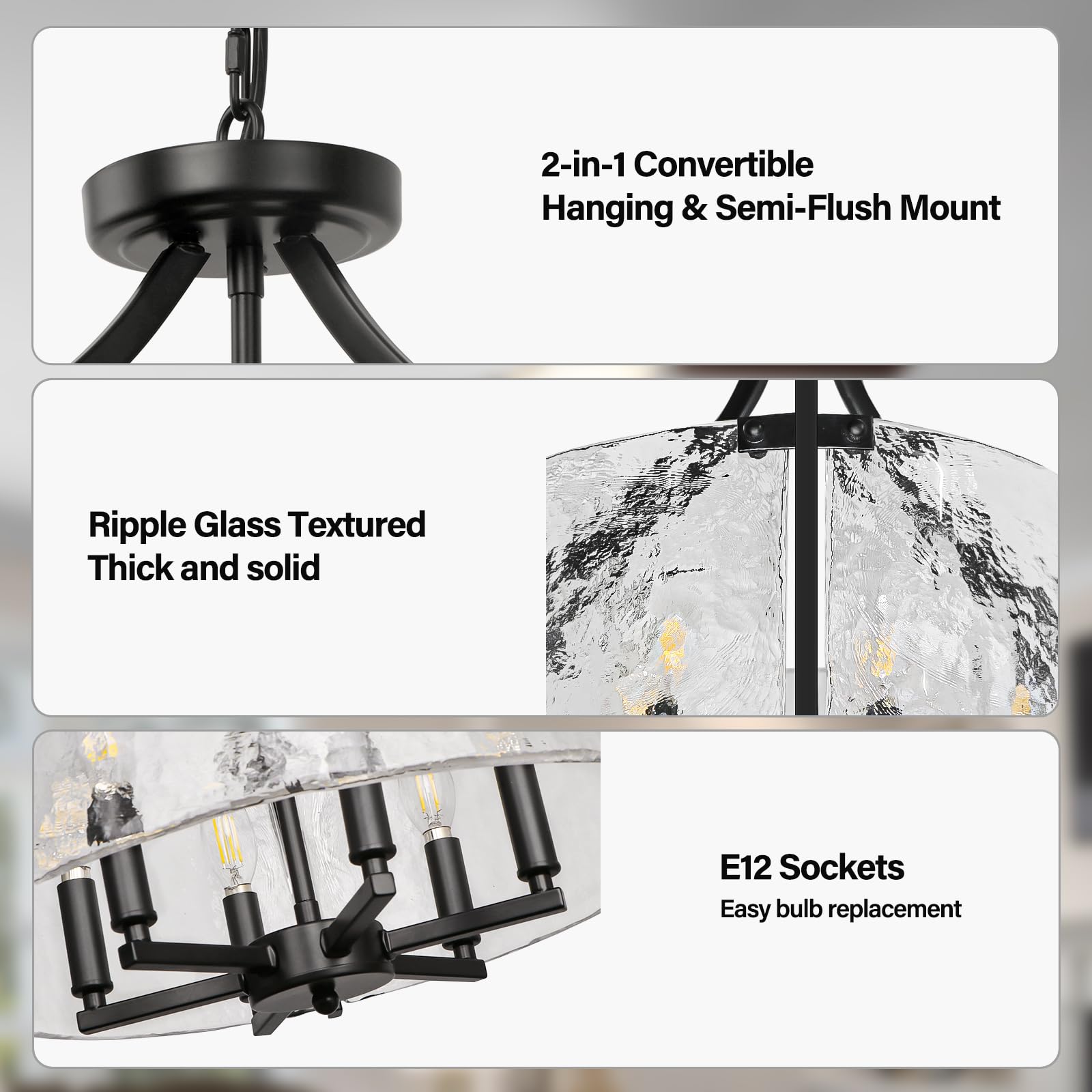 Wbindx 6-Light Glass Chandelier For Dining Room  19.3 Modern Black Foyer Chandelier Convertible Semi Flush Mount Ceiling Light  Farmhouse Pendant Lighting For Entryway Foyer Bedroom Kitchen