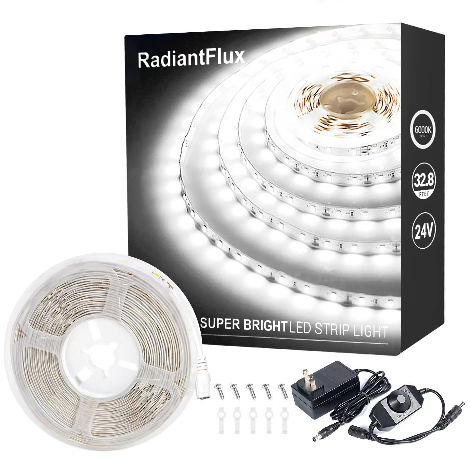 RadiantFlux White Led Strip Lights, Dimmable LED Lights Strip, 32.8ft 600Leds, Super Bright LED Tape Lights for Living Room, Bed