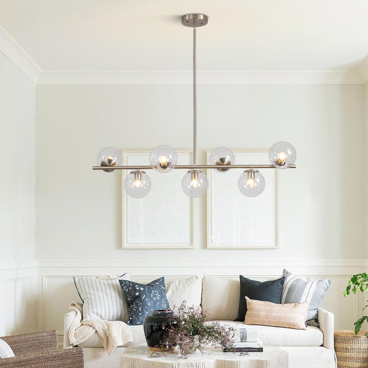 Kco 7-Light Brushed Nickel Chandelier - Modern Silver & Clear Glass Pendant For Kitchen Island