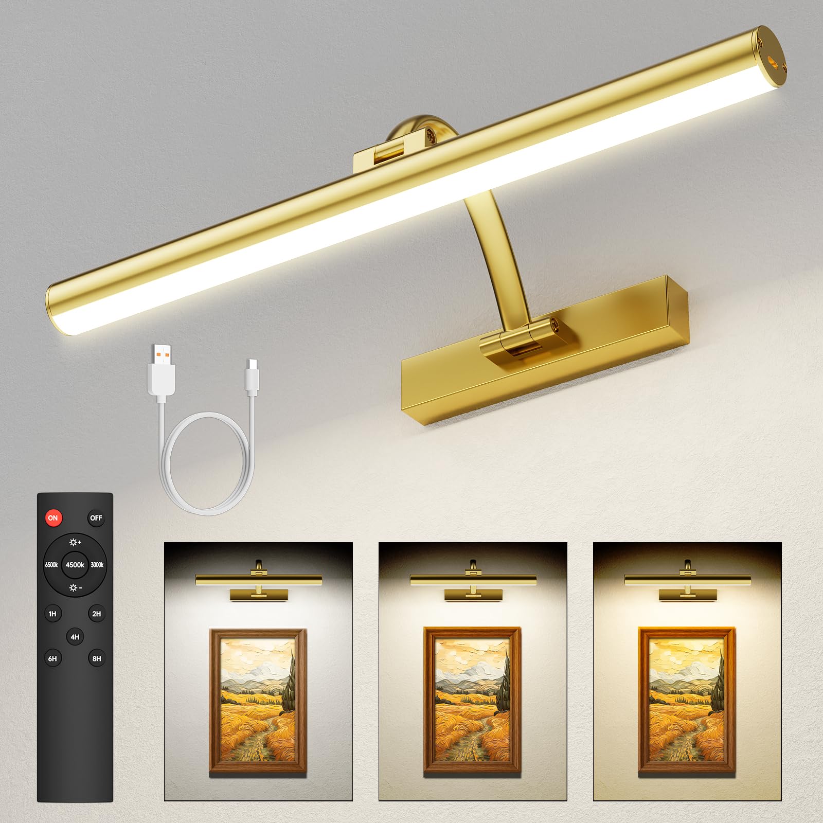 KEILAIMO Picture Lights for Wall, 16.5 Rechargeable Art Light with Remote & Timer, 5200mAh Battery Operated Poster Lights, 3 Col