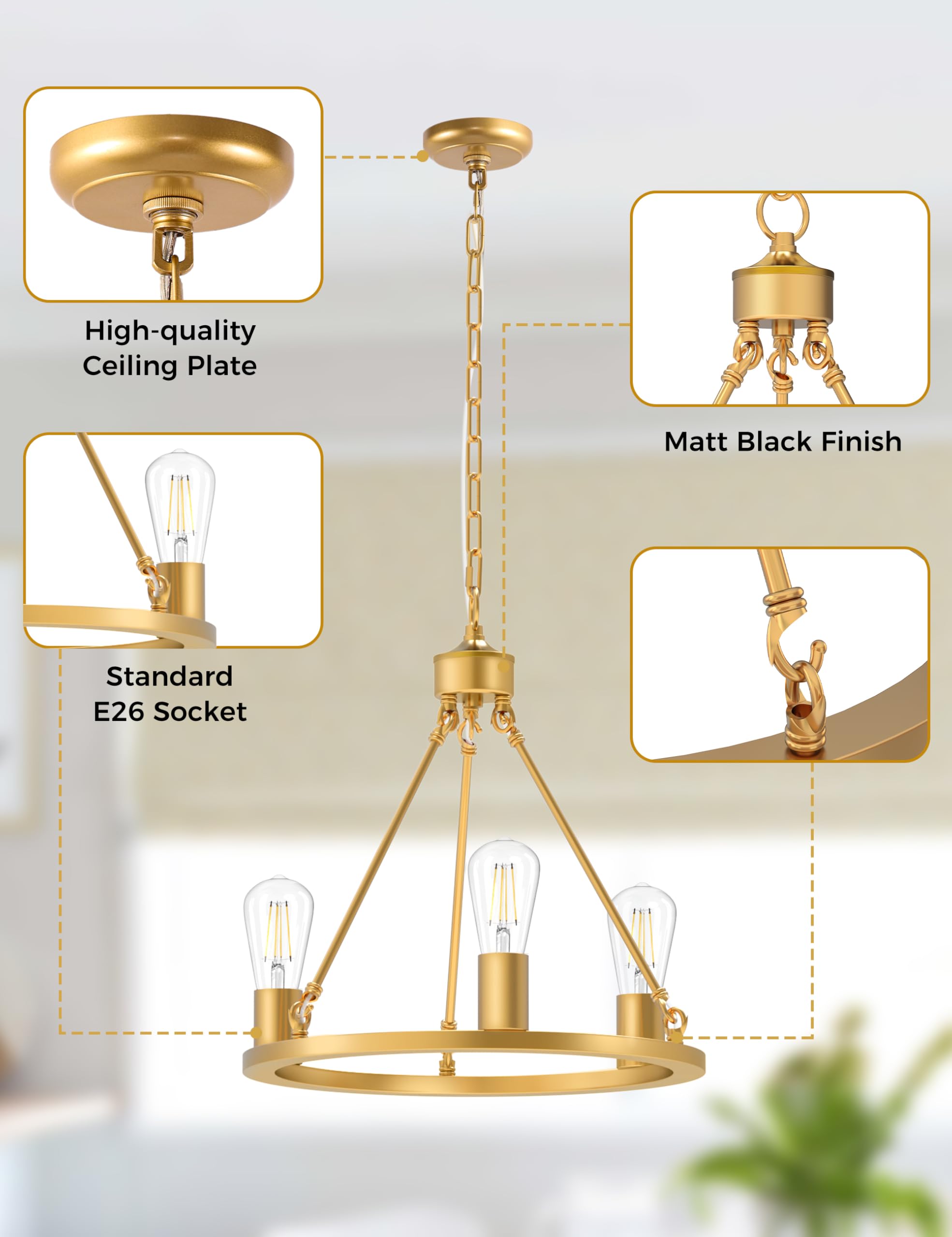 L Lohas Led Gold Farmhouse Chandeliers For Dining Room, 3-Light Wagon Wheel Chandelier Over Table, Height Adjustable, 16'' Dinin