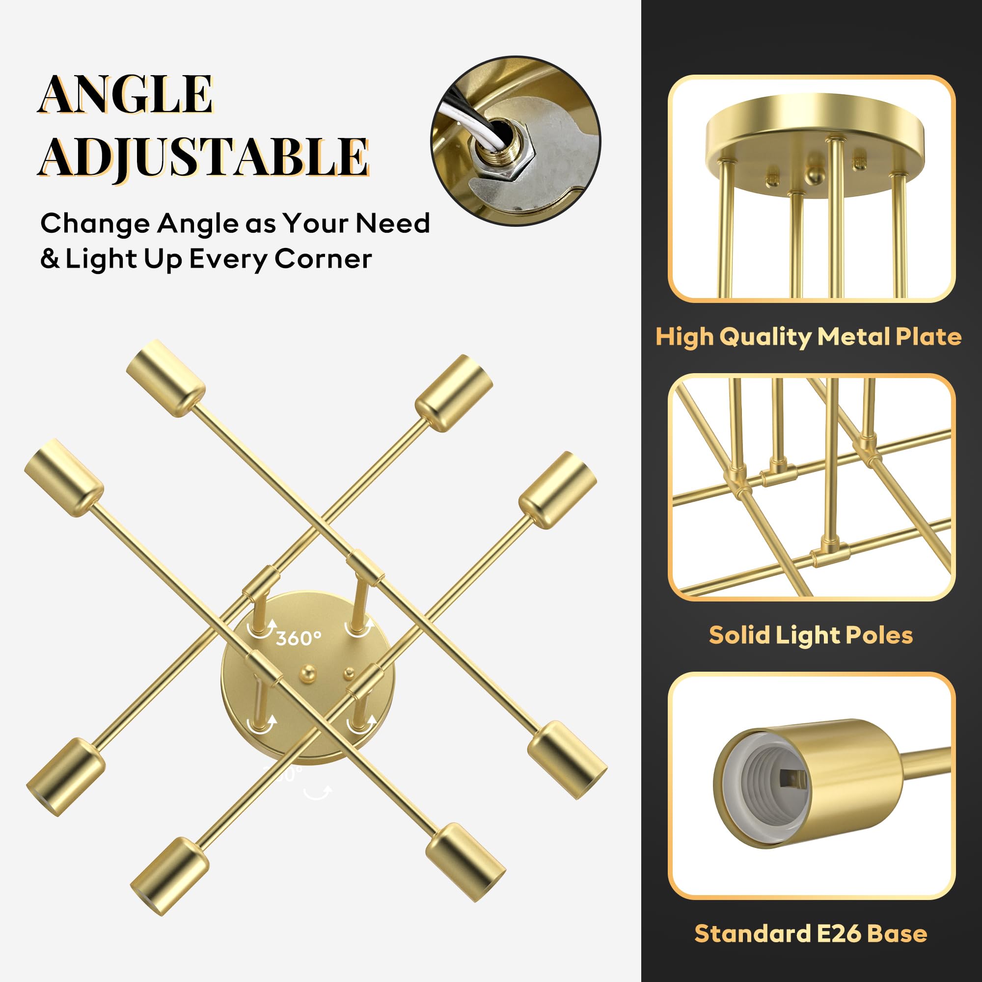 Phaosio Modern Sputnik Chandelier, 8-Light Metal Semi Flush Mount, Gold, Model POSI08