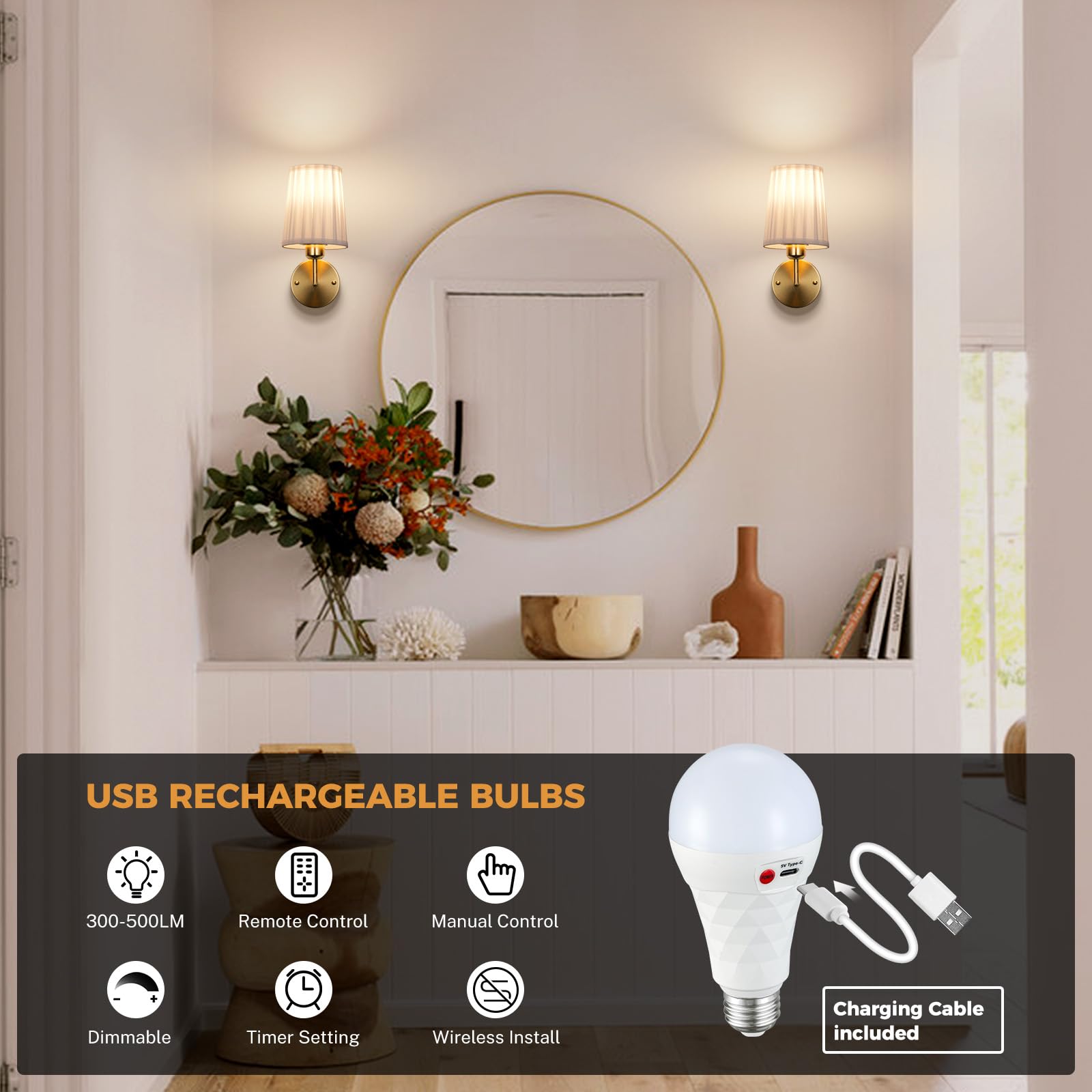 Nooknova Battery Operated Wall Sconce, Pleated Fabric Rechargeable Wall Sconces Wall Decor Set Of 2 Wireless Wall Lights Wireles