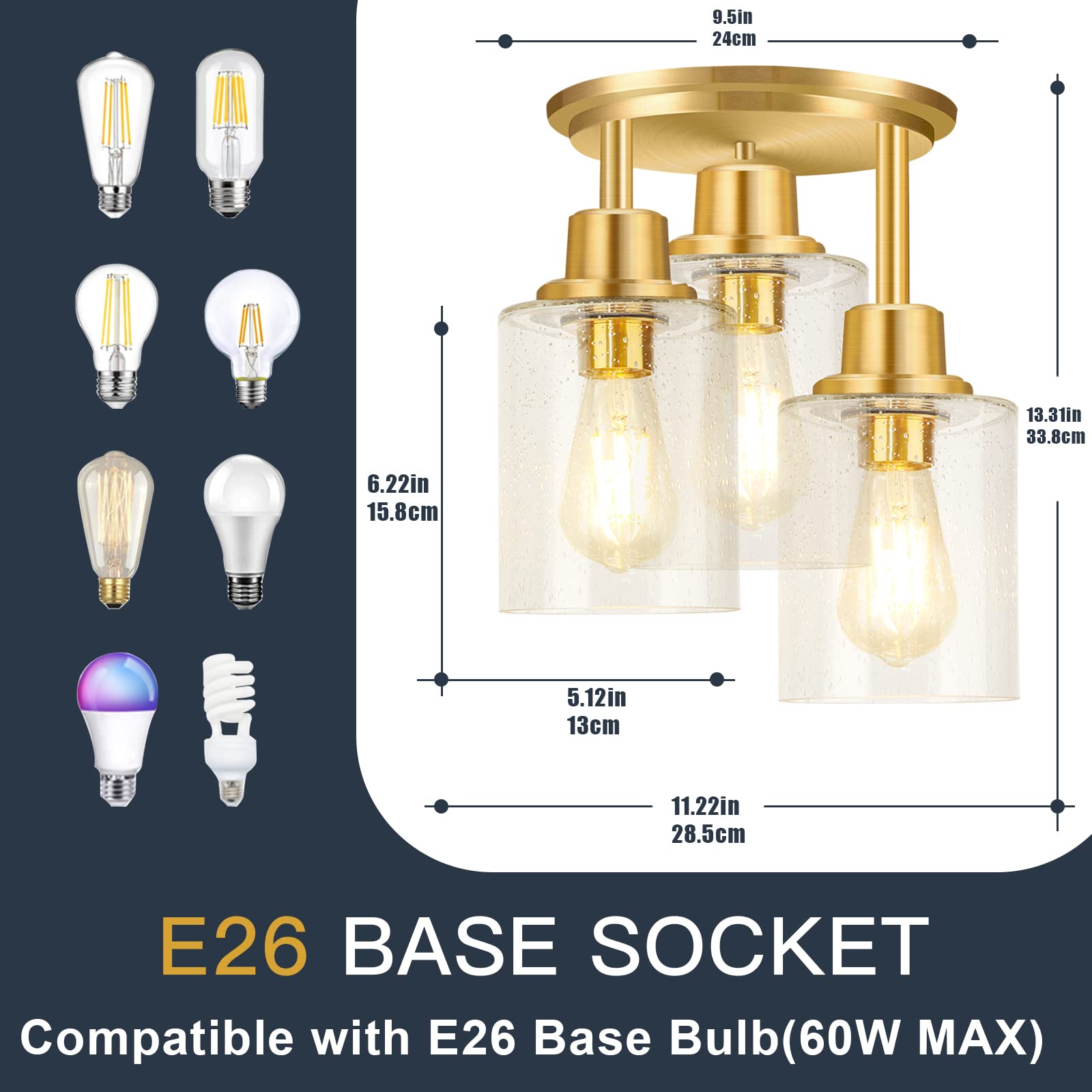 ROTTOGOON Semi Flush Mount Ceiling Light 3-Light Brass Gold Glass Shade