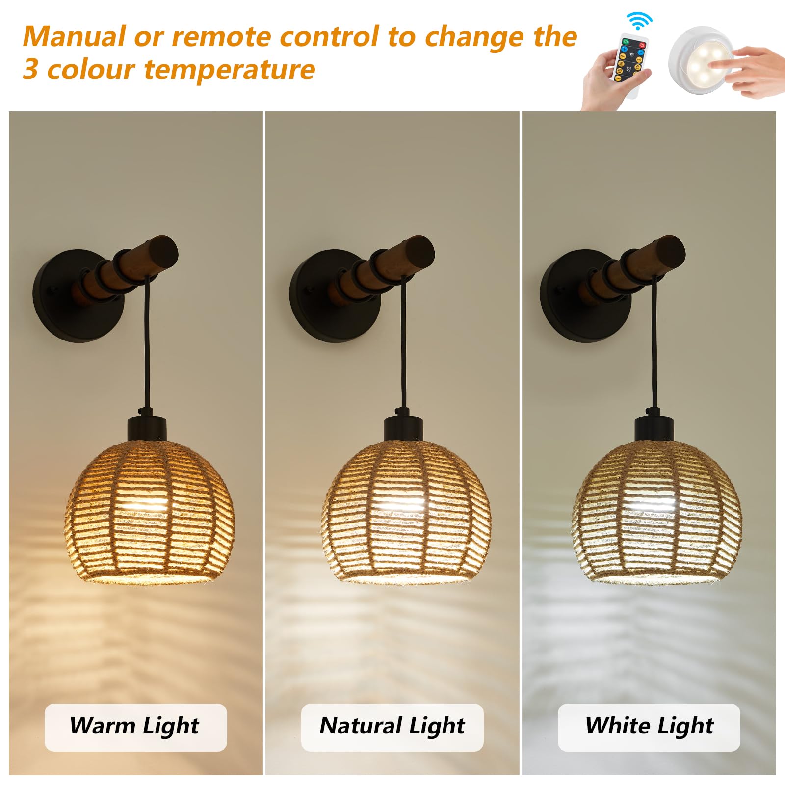 SGLfarmty Battery Operated Wall Sconces, Set of 2, Dimmable Hemp Rope & Wooden Arm, Remote Control, Rechargeable, Farmhouse Style