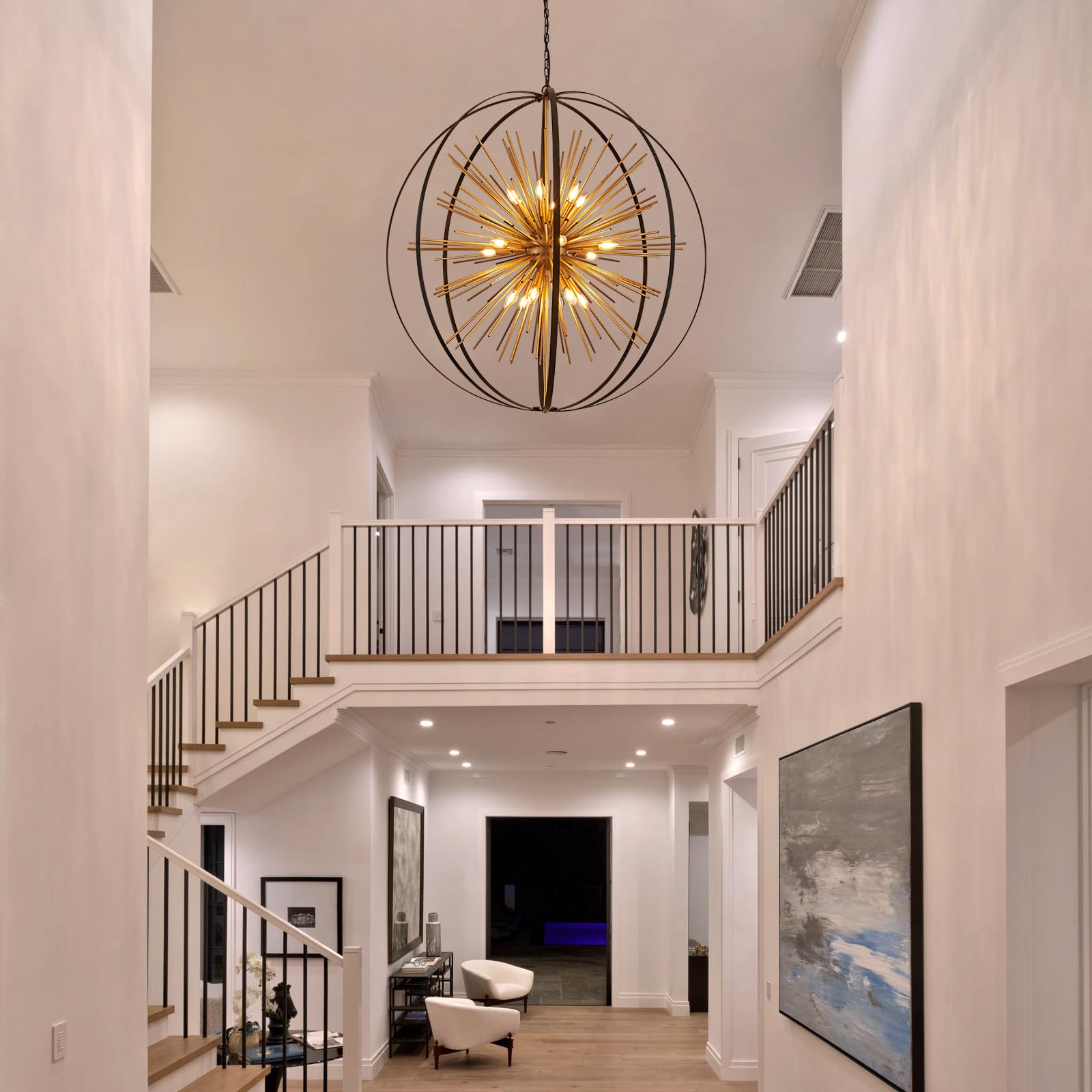 Tacdandm 43.3&quot; Black Gold 18-Light Globe Sputnik Chandelier Modern Adjustable Hanging Ceiling Firework Pendant Light Fixture For Entryway Foyer Stairway Kitchen Dining Living Room Hallway