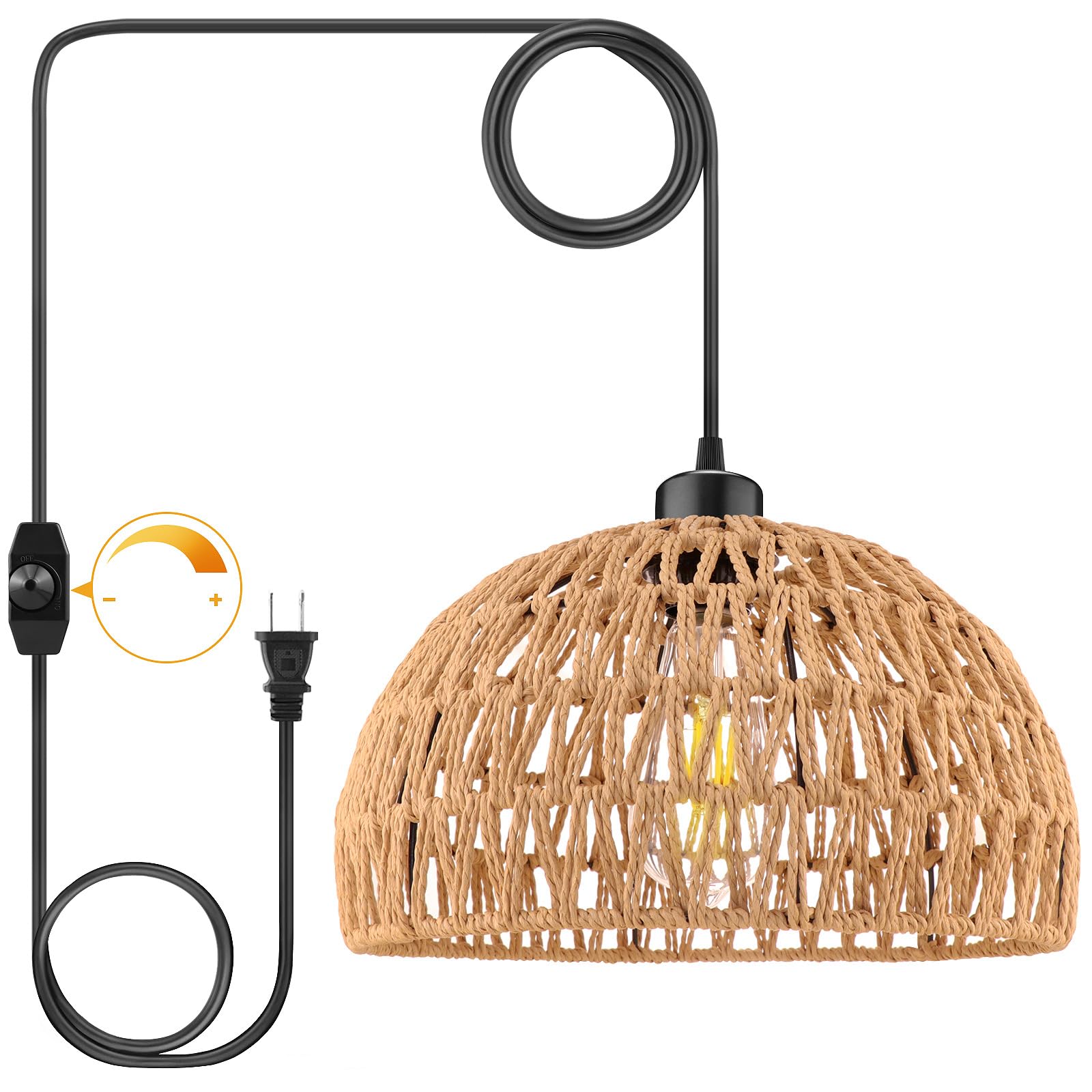 Plug In Pendant Light, 15Ft Hemp Rope Cord,Hanging Light With Plug In Cord Dimmable Switch Rattan Hanging Lamp Wicker Woven Basket Lampshade, Industrial Plug In Ceiling Light Fixture For Kitchen Brown