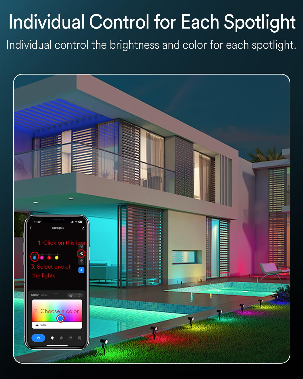 Ligency Smart Landscape Spotlights, 4 Pack Wired Rgbw Led Accent Outdoor Spot Lights, Waterproof Outside Low Voltage Up Lighting