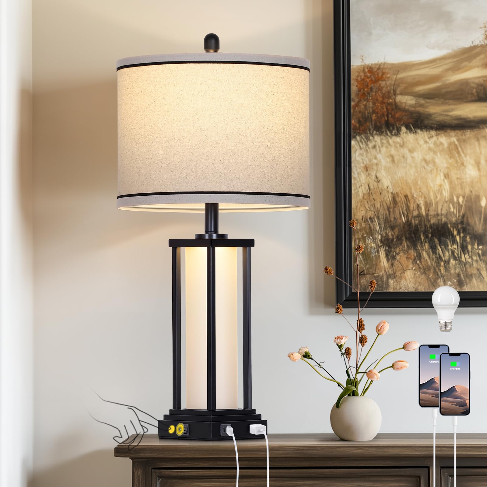 Cinkeda 27'' Tall Vintage Table Lamp With Usb C+A & Outlet,Black Industrial End Table Lamp For Living Room,Farmhouse Rustic Beds