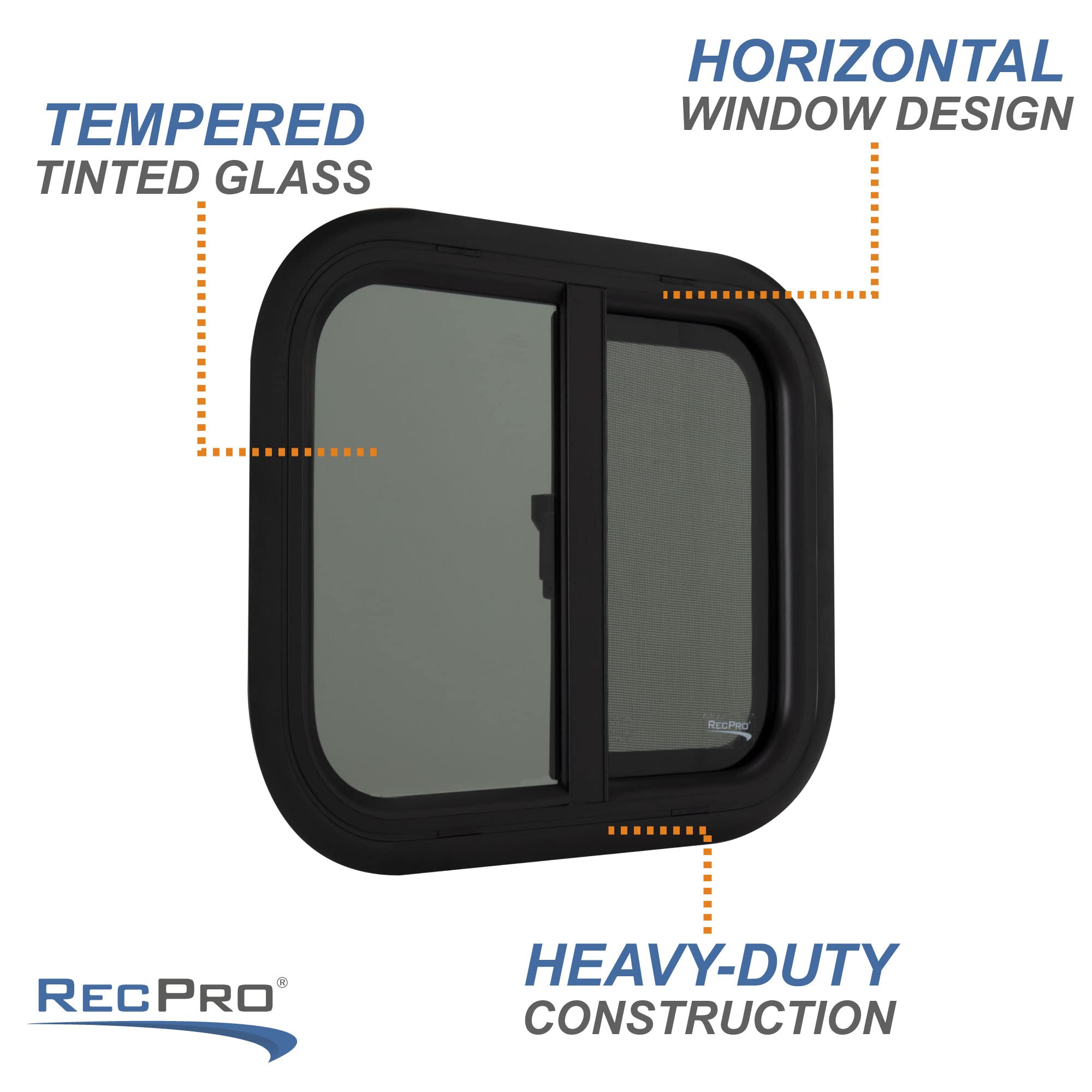 RecPro RV Window Replacement - 18"W x 15"H, Black Teardrop Style, Horizontal Sliding, Model RP-WIN, Made in USA