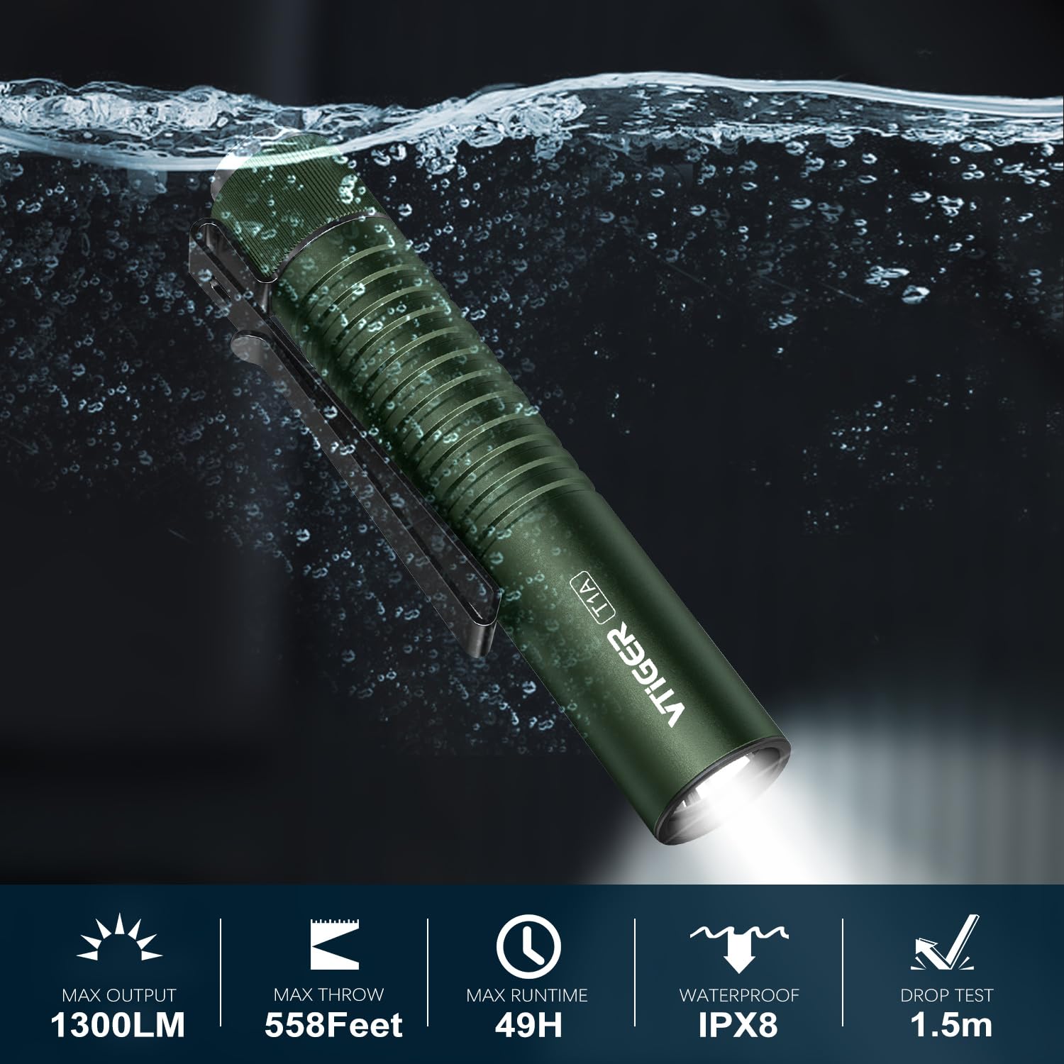 VTIGER T1A Mini Pocket Flashlight, 1300 Lumen, OD Green, Rechargeable Aluminum LED Light with Clip for Camping & Outdoor Use