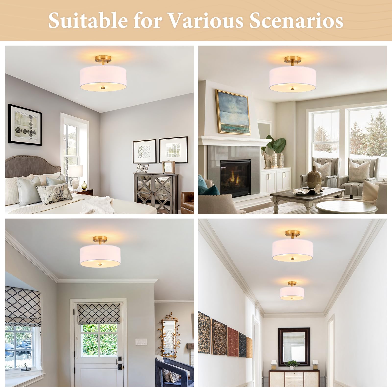 3-Light Gold Semi Flush Mount Ceiling Light,12'' Drum Light With White Fabric Shade,Modern Close To Ceiling Light For Bedroom, L