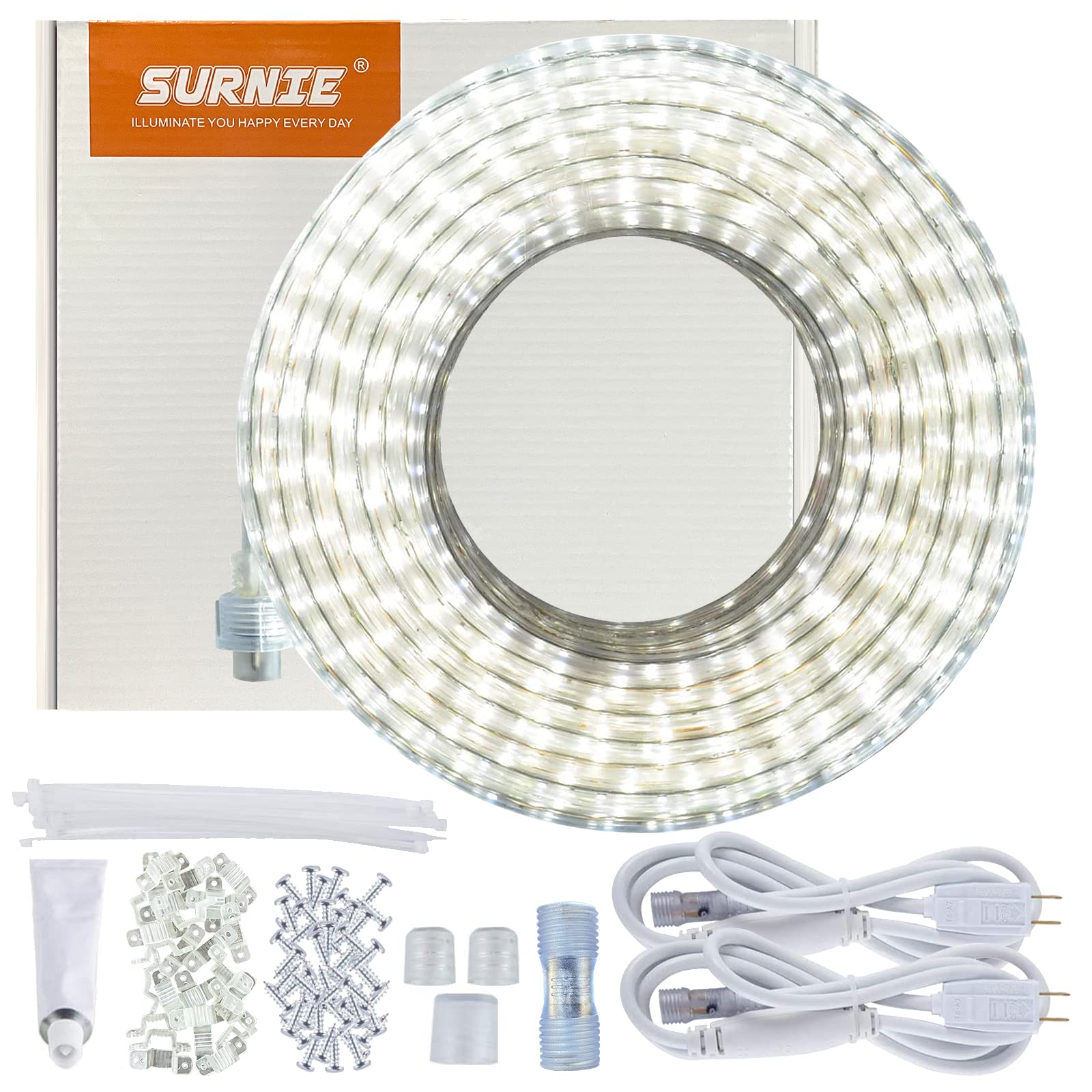 SURNIE 50ft LED Rope Lights, Waterproof, Daylight White, Cuttable, Connectable, Model SR11102-15-DW-NA