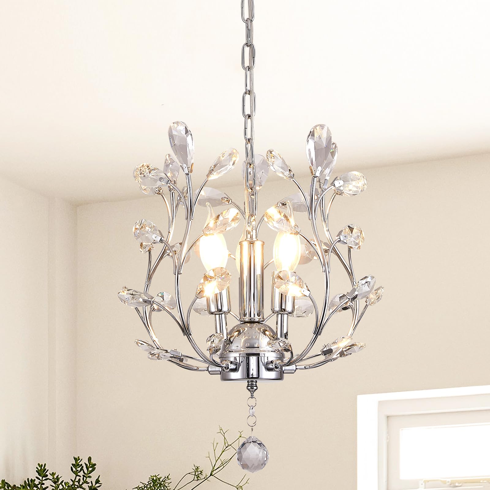 Ganeed 3-Light Branch Crystal Chandelier  Small Flush Mount Vintage Pendant Hanging Lighting  K9 Crystal Farmhouse Ceiling Light For Dining Room Bedroom Living Room Kitchen Hallway  Chrome Silvery