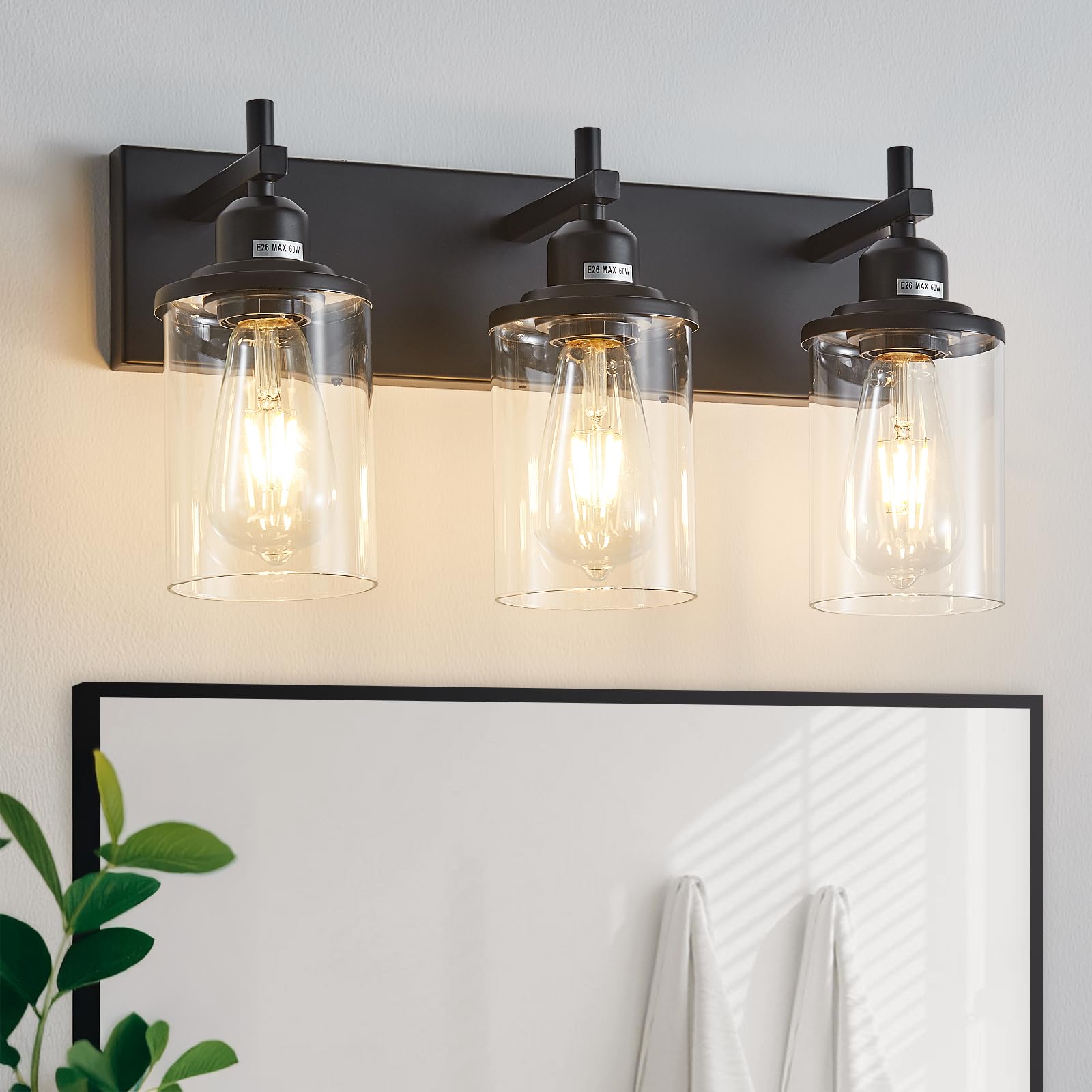 Lanhall 3-Light Black Bathroom Vanity Light Fixture, Modern Farmhouse Design, Glass Shade, Model 500-100-1072