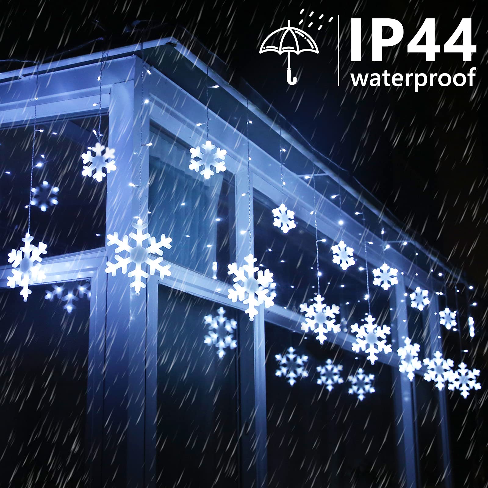 Toodour Christmas Snowflake Lights Outdoor, 17.22Ft 264 Led Snowflake Icicle Lights With 22 Drops, Connectable, 8 Modes Waterproof White Christmas Lights For Curtain, Eaves, Window, Xmas Decorations
