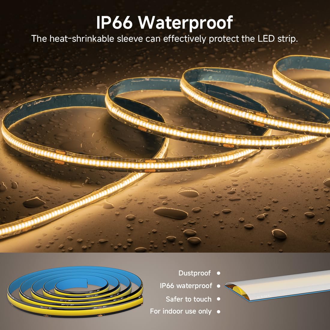 Btf-Lighting Fcob Ip66 Cob Led Strip 480Led/M Dc24V Daylight White 6000K Flexible High Density Uniform Light 9W/M 16.4Ft Cri 90+