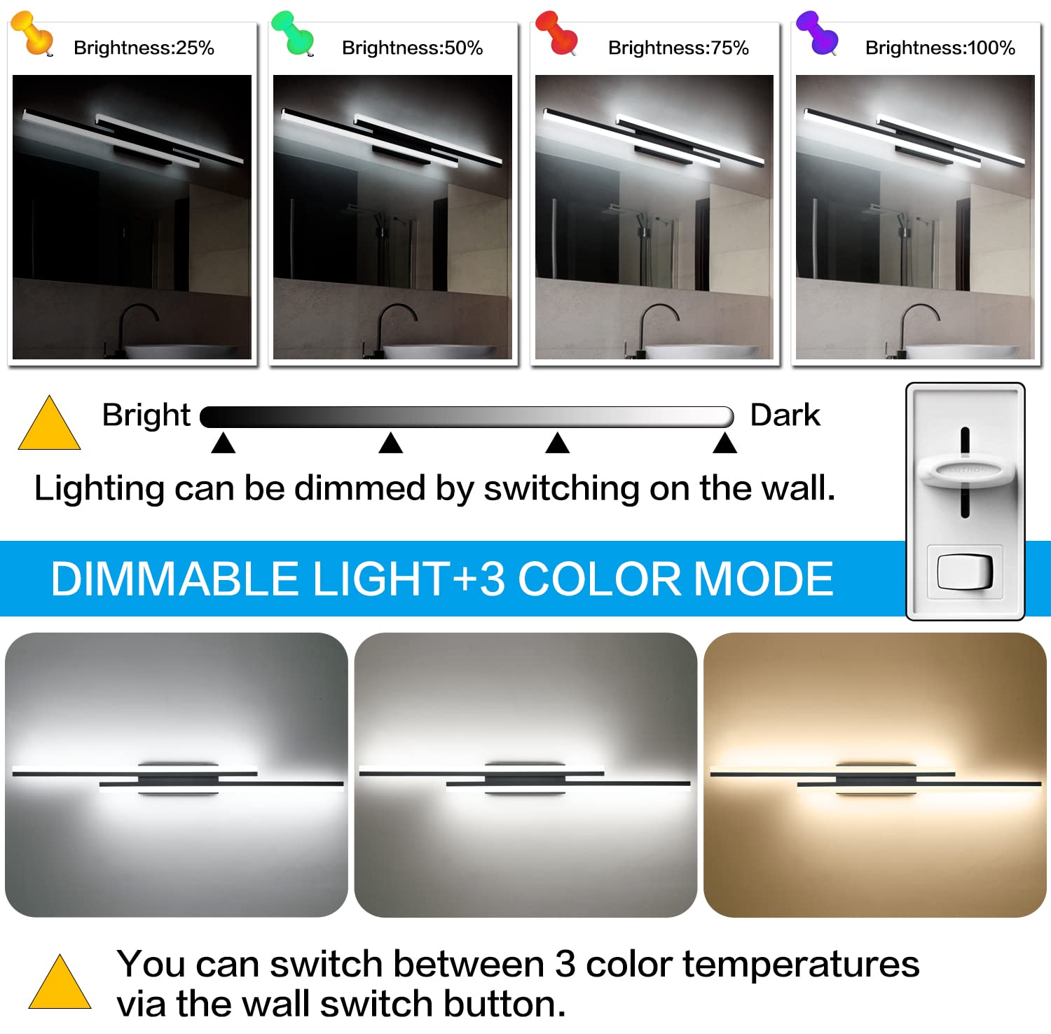 PRESDE 48" Dimmable Bathroom Vanity Light - Modern Black LED Fixture, 3 Color Temperatures, Model 6660