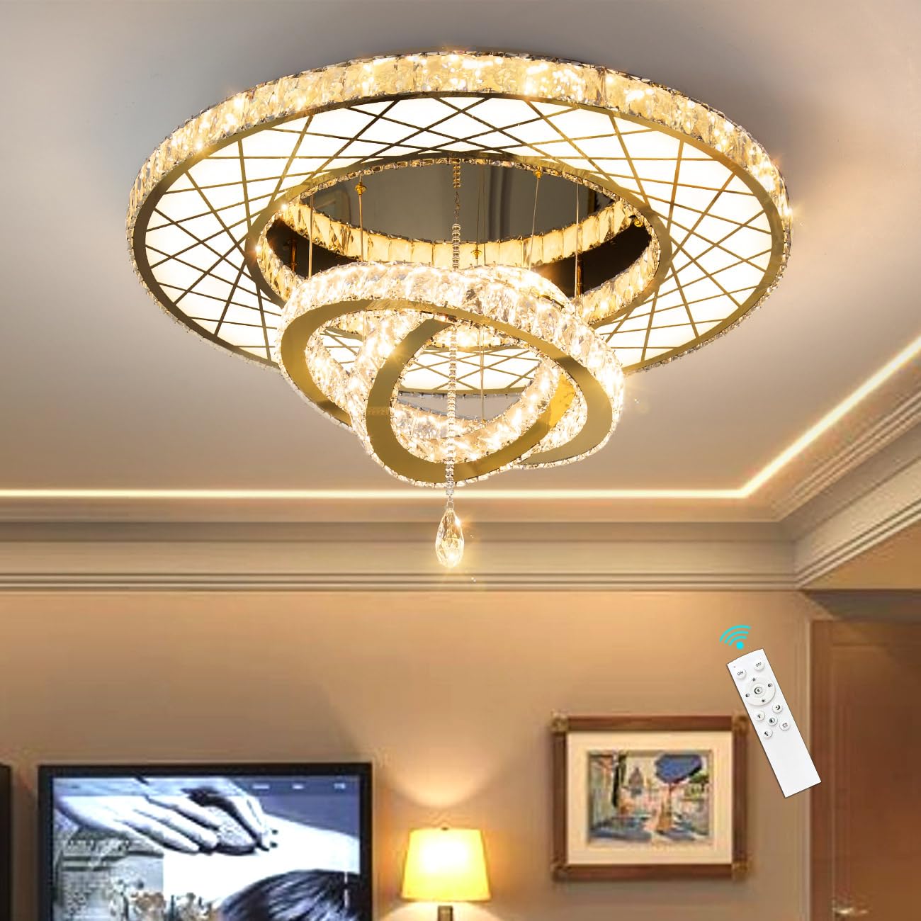HAIXIANG LED Chandelier - 32in Dimmable Flush Mount Light, Gold Finish for Living Room, Dining, Bedroom, Model MMQ3831