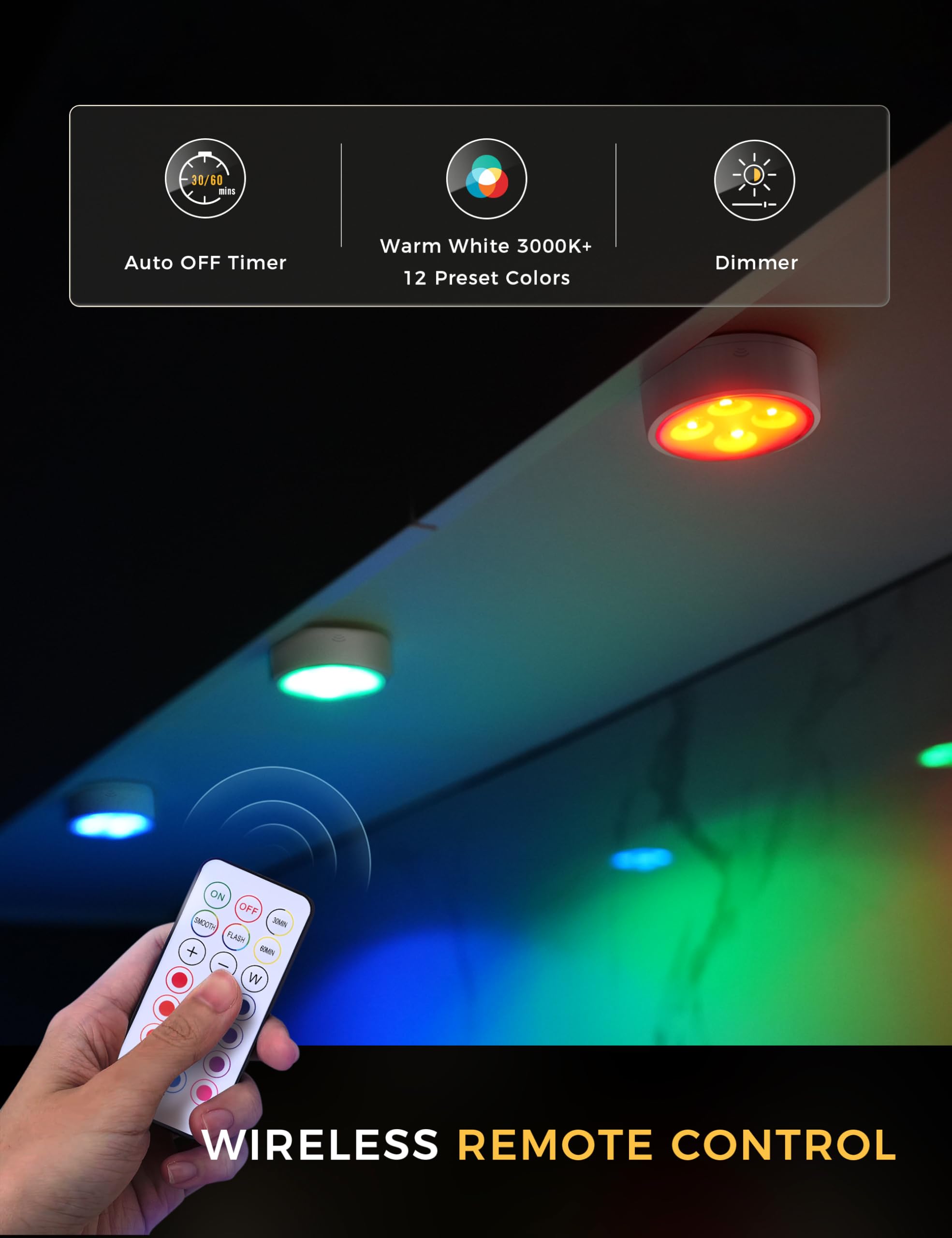 Swesara Push Lights With Remote Puck Lighting Battery Operated Tap Lights Button Stick On Color Changing Led Lights 6 Pack (Whit