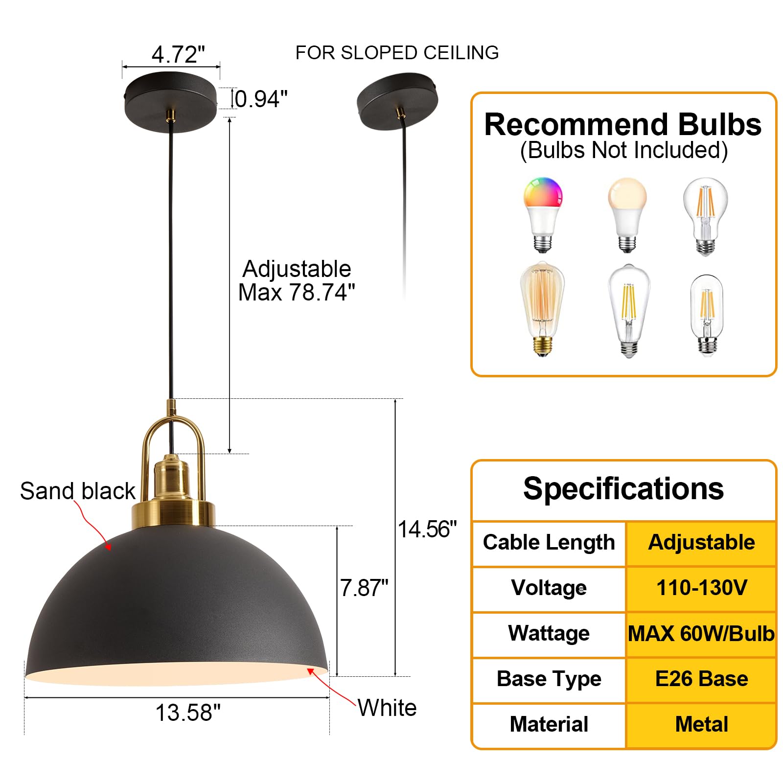 Yhanfengcy Vintage Industrial Black And White Iron Pendant Light,Hallway - Diameter 13.58 ''- Wire Length 78.74'',Copper Socket