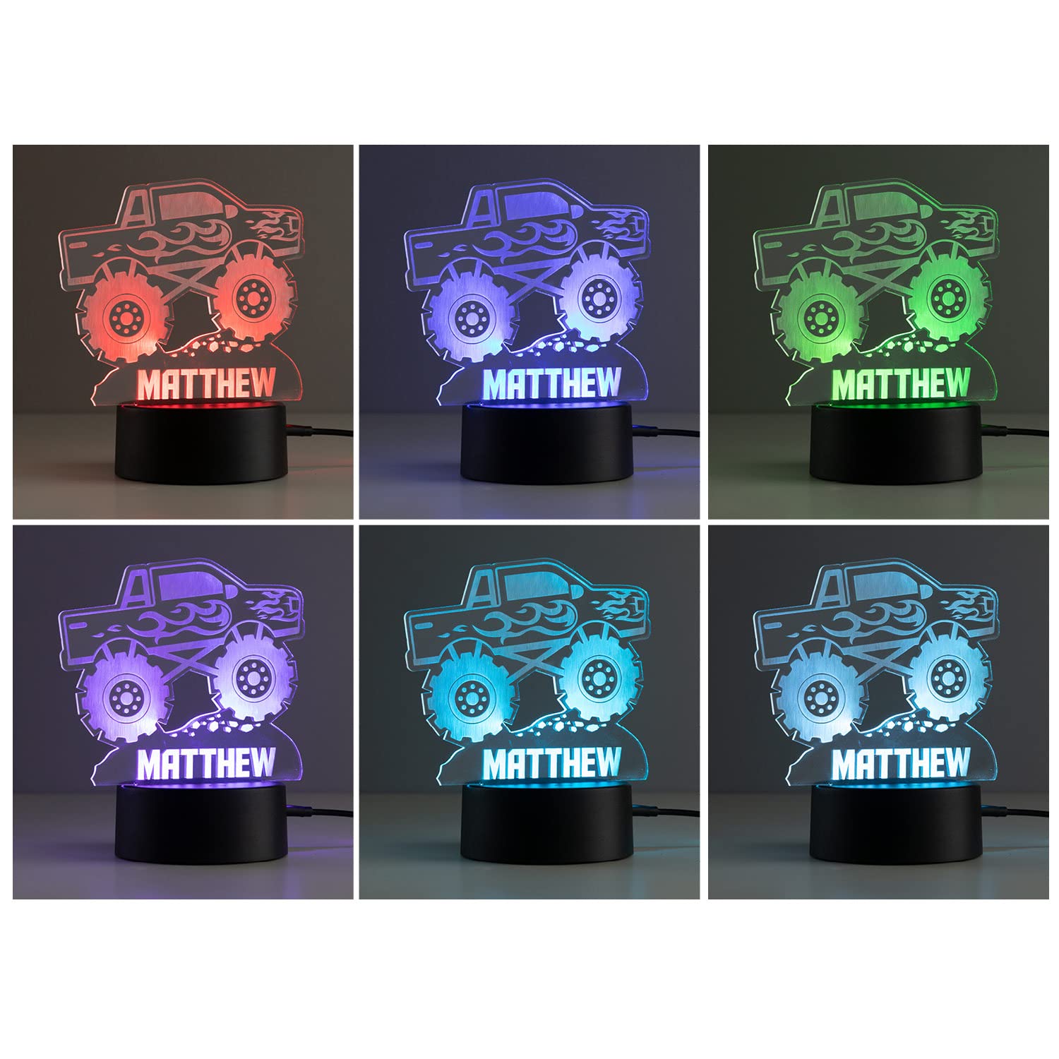 Personalized Planet Monster Truck Multicolor LED Night Light with Custom Name Laser Engraved on Acrylic Design Insert | Base Pro