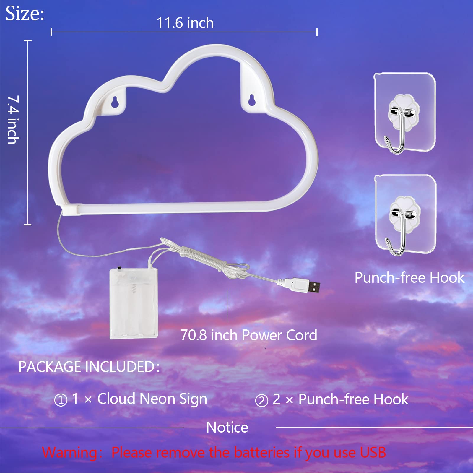 BerniceKelly LED Cloud Neon Light Sign - Battery/USB Powered Wall Decor for Bedroom - Blue - Model YYI-50
