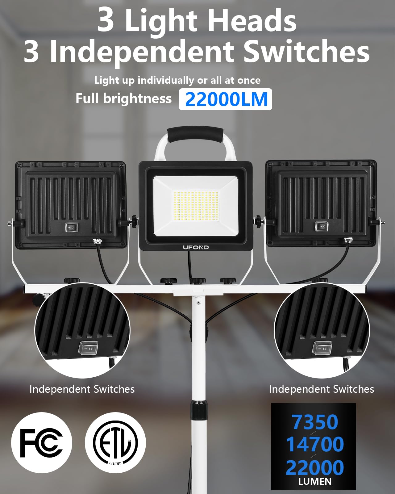 Ufond 22000 Lumen Led Work Light With Stand,3 Head Portable Work Lights With Individual Switch,Waterproof Work Lamp, Adjustable