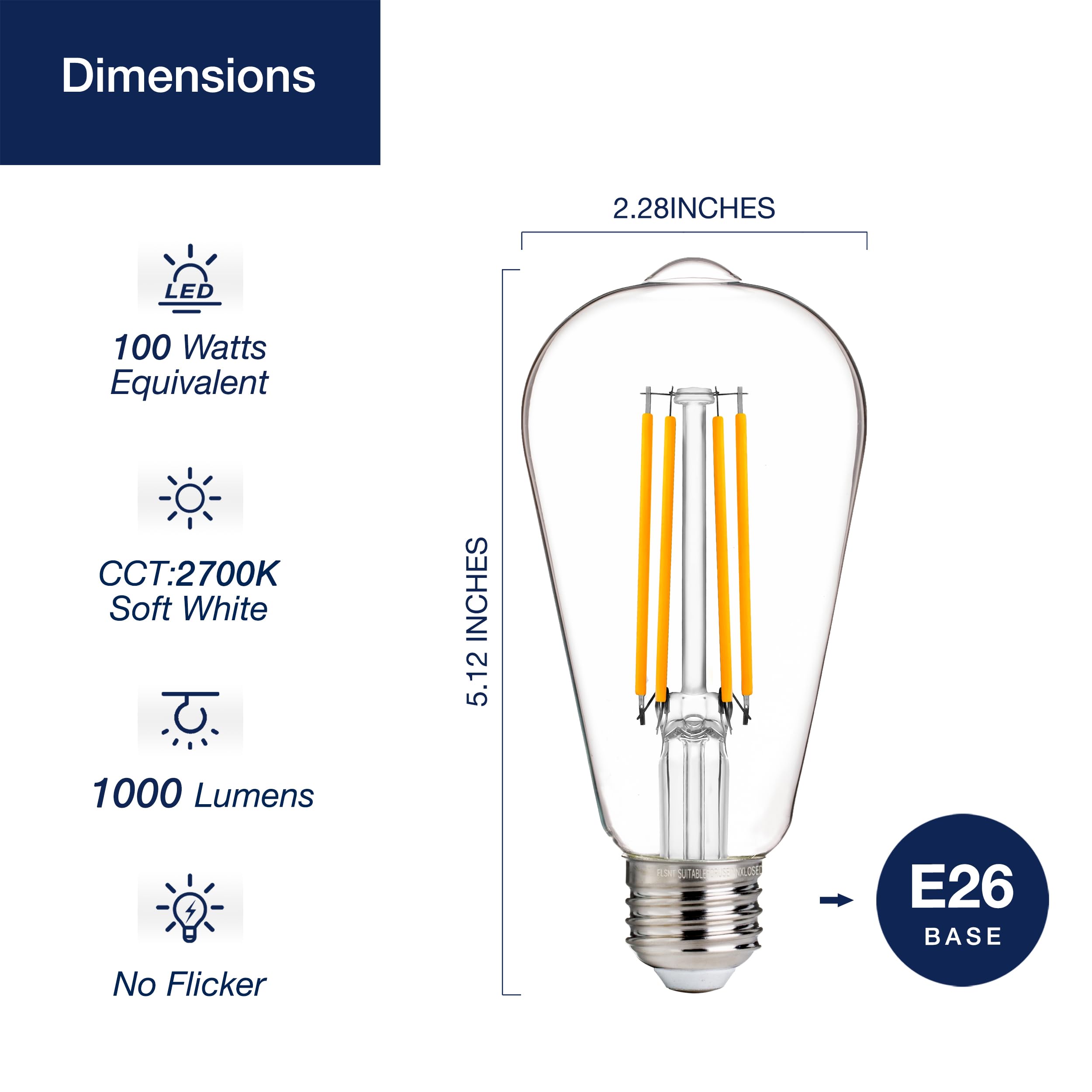 Flsnt 100W Equivalent Led Edison Bulbs, St19/St58 Dimmable Led Light Bulbs For Kitchen, Dining Room, High Brightness With 1000Lm