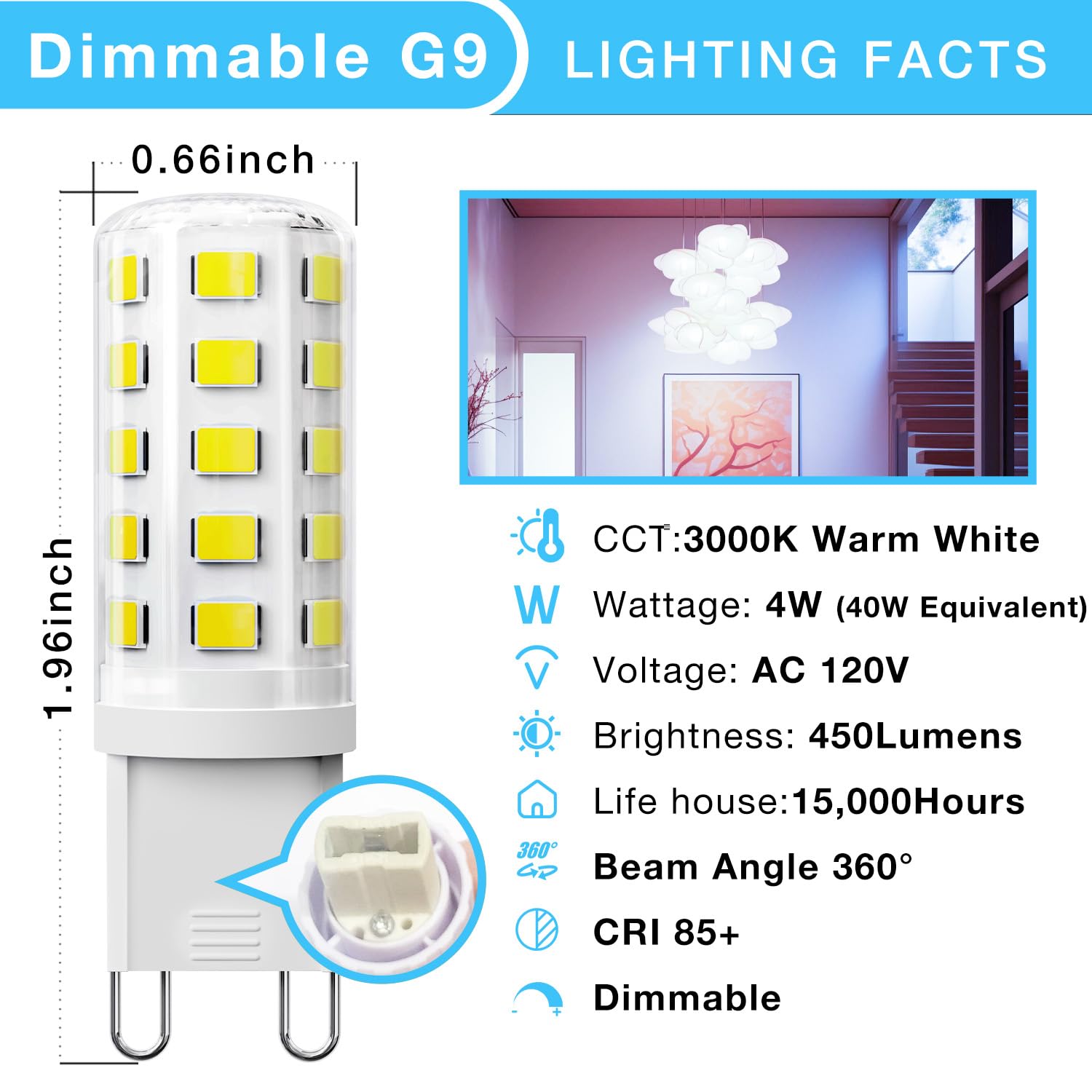 Daybeeter 6 Pack Dimmable G9 Led Bulb 4W (40 Watt Equivalent), 6000K Daylight White, G9 Halogen Bulb,T4 G9 Bi-Pin Base Light Bul