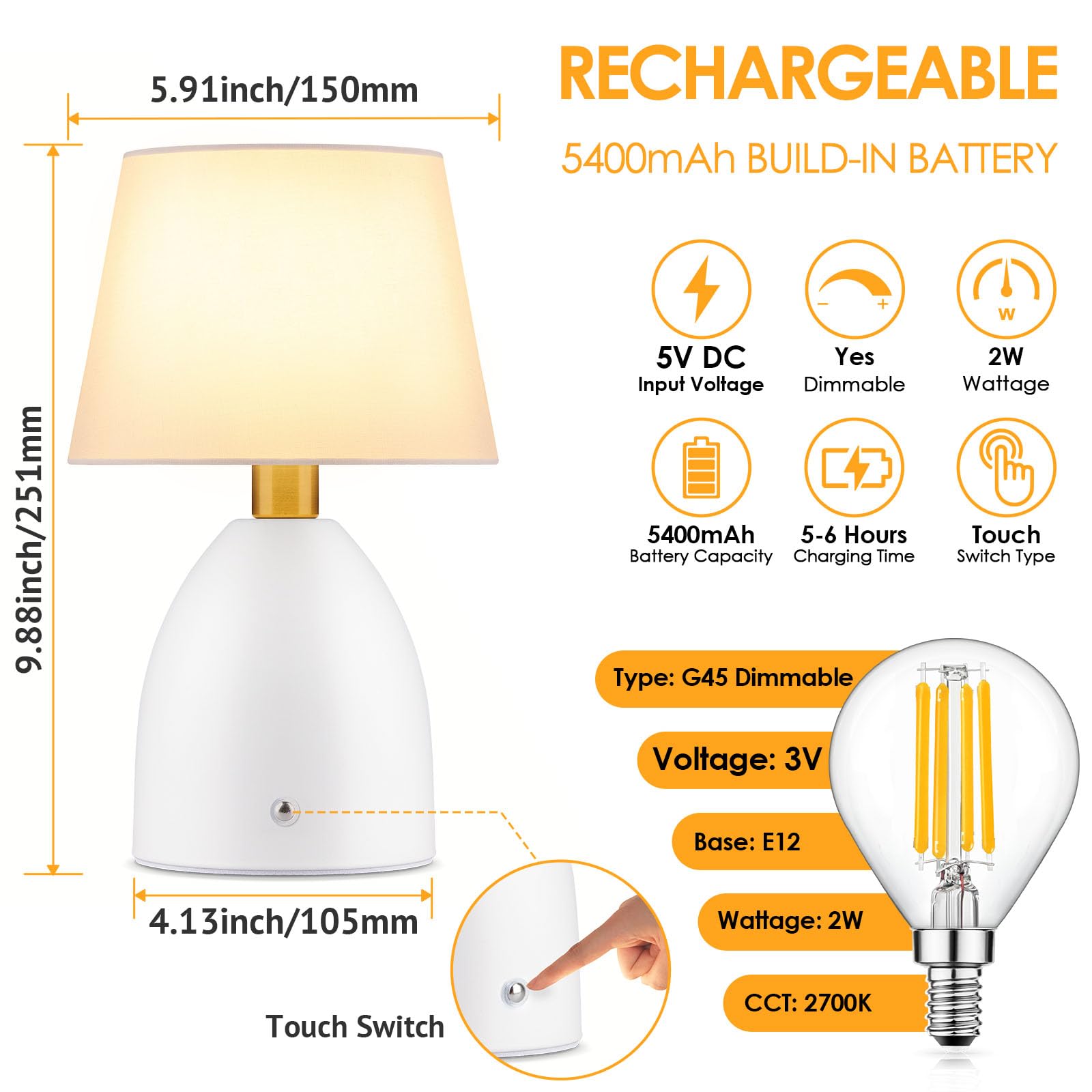 Ggoying Cordless Table Lamp Set Of 2, 5400Mah Rechargeable Battery Powered Desk Lamp, 4-Level Brightness Dimmable Bedside Night