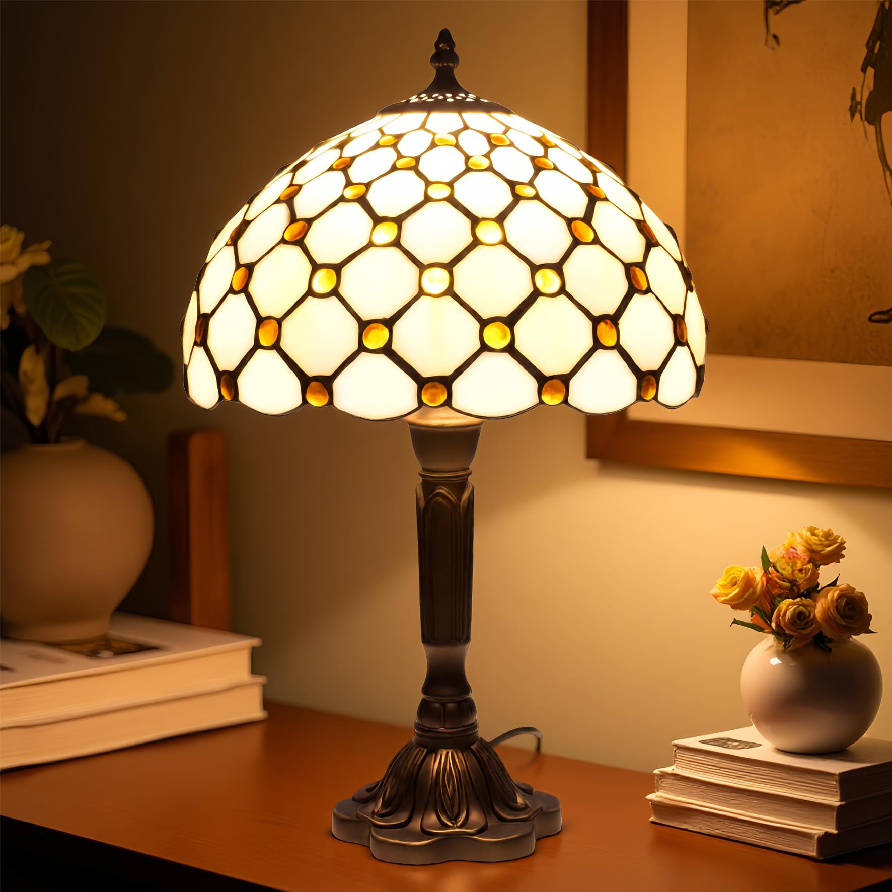 Exporify Tiffany Style Stained Glass Lamp with Yellow Beads, 12-Inch Table Lamp - Handcrafted Vintage Accent Light for Living Ro