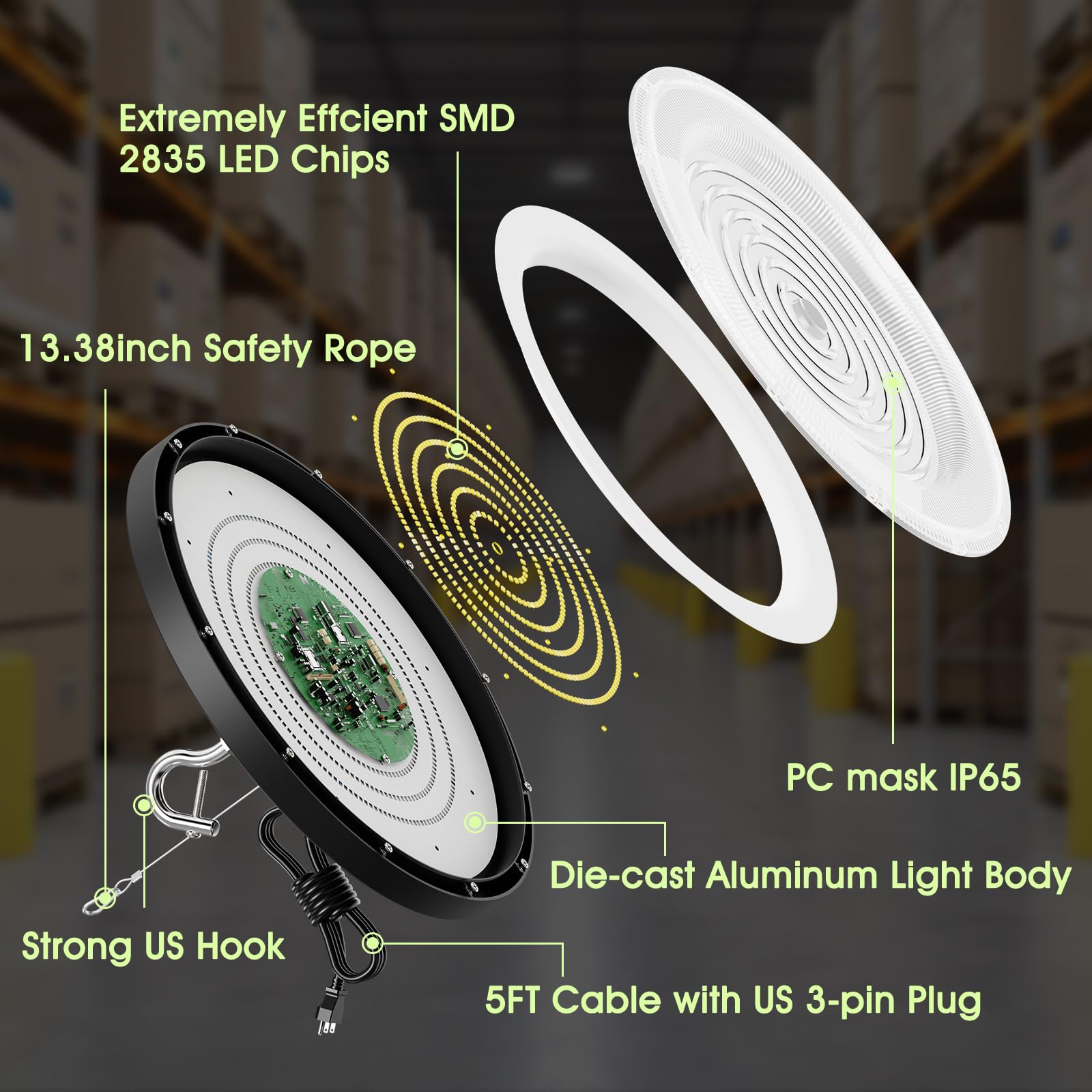 Zelvia 300W High Bay LED Shop Lights - 30000LM, IP65 Waterproof, 5000K for Garage, Workshop, Factory, Warehouse - Model ZE-LQ-D12-U