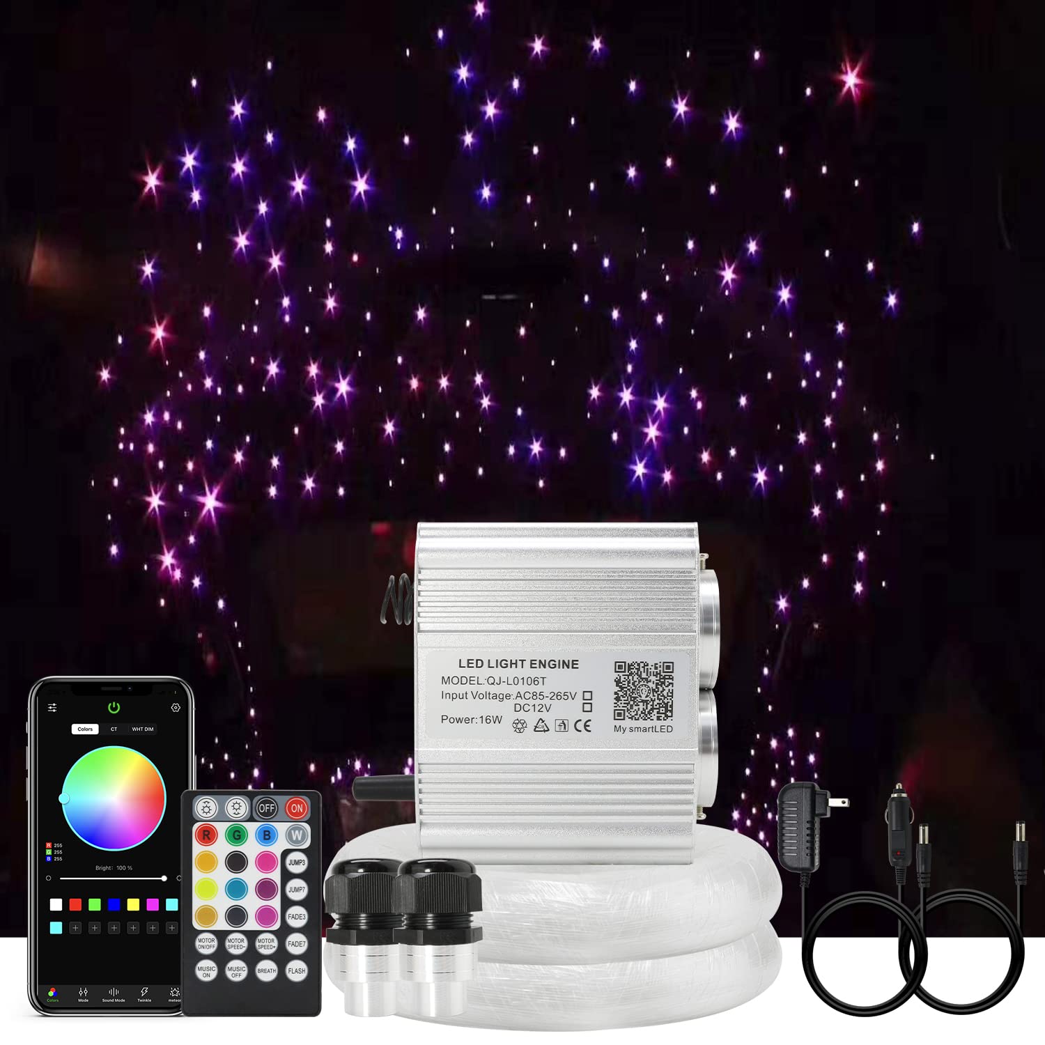 AKEPO Fiber Optic Lights Kit, 16W Dual Head, 750pcs of 9.8ft Fibers, RGBW Twinkle, Remote & APP Control, Multicolor, Model Q
