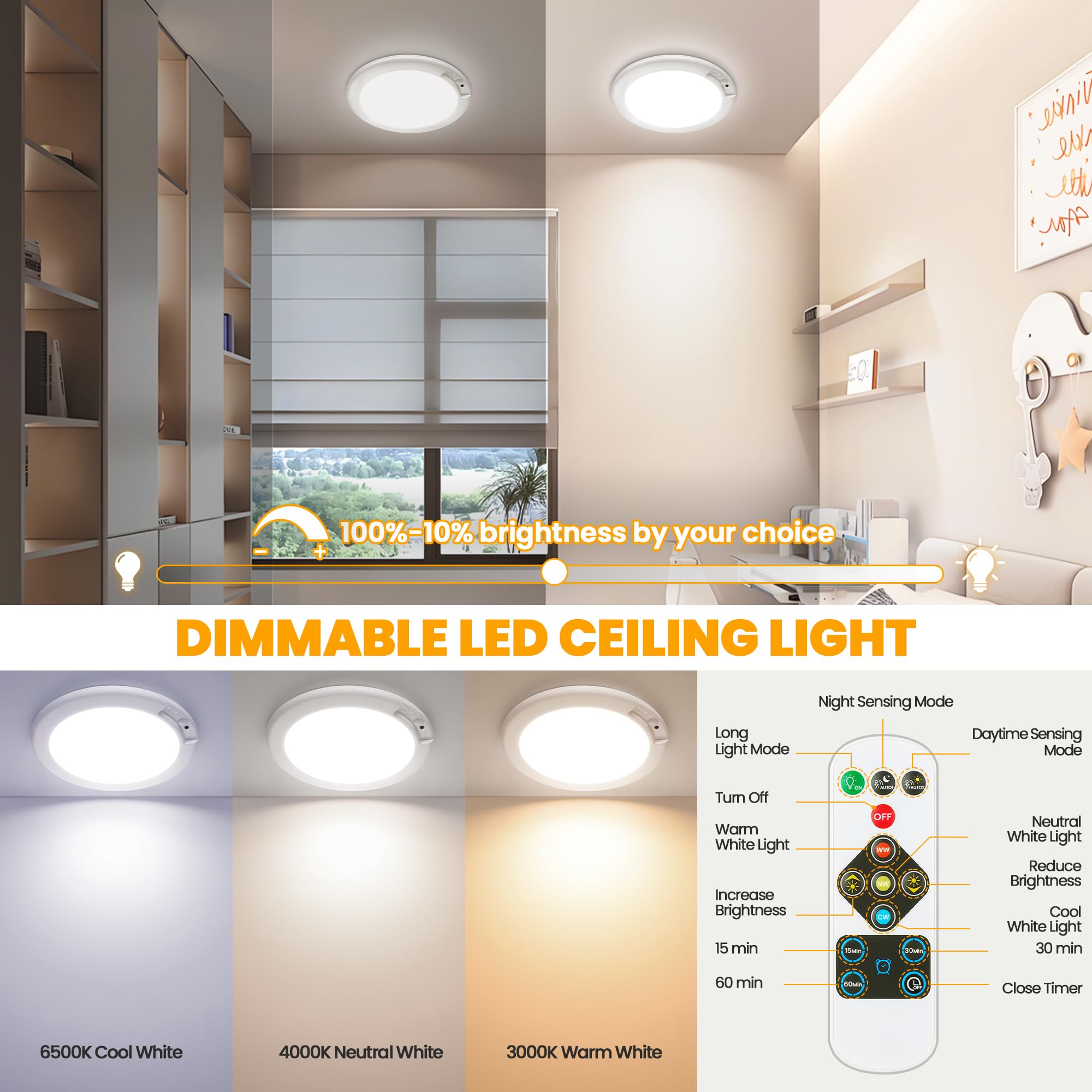 Sunrider 2Pack Rechargeable Motion Sensor Led Ceiling Light With Remote, 3Cct Cordless Closet Lights Battery Operated For Shower