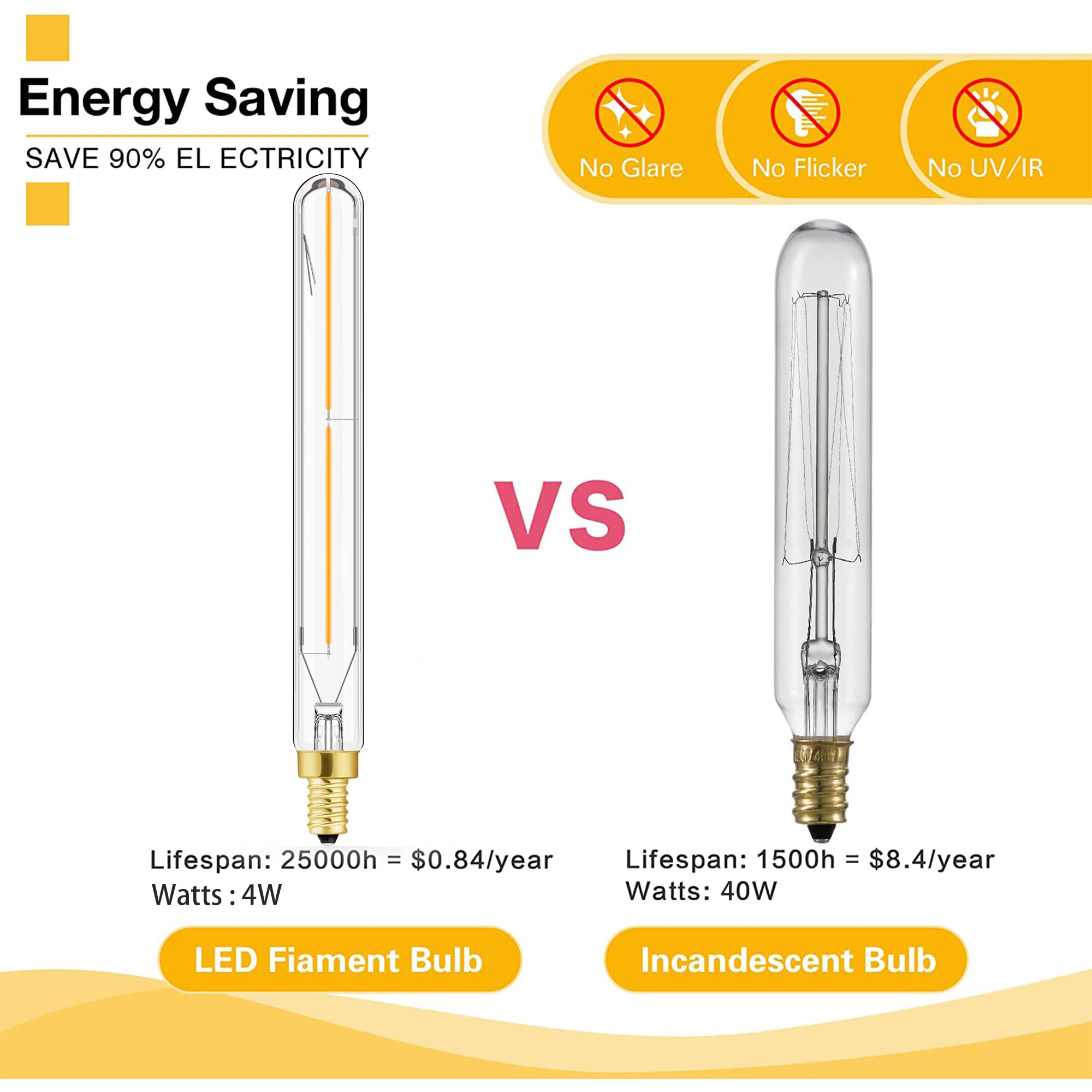 Leools E12 Led Long Bulb,7.3Inch Long Tubular Light Bulbs,T6 B11 Candelabra Bulb 40 Watt For Chandeliers,Clear Glass,Warm White,