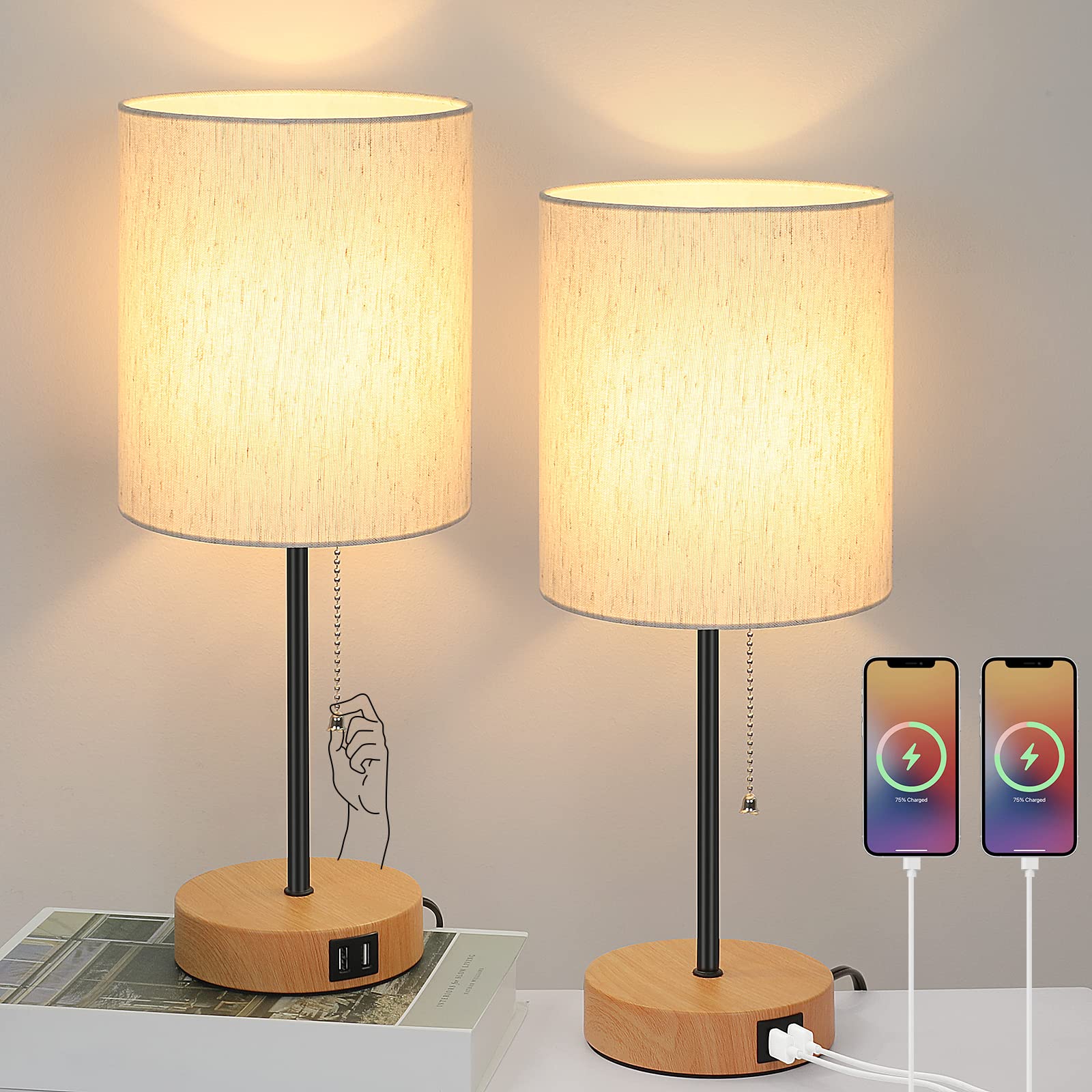 Table Lamps Set of 2 with USB Charging Ports, Bedside Lamps with AC Outlet, Nightstand Lamps with Pull Chain Switch, Minimalist 