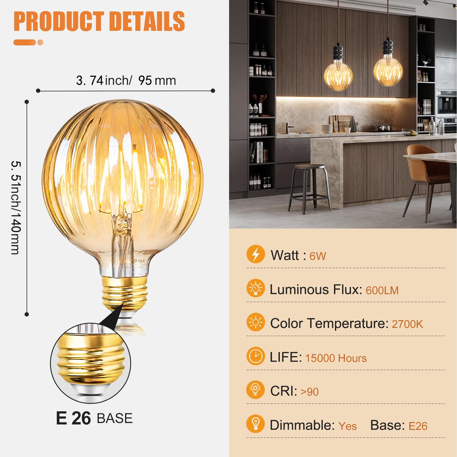 SD LUX Vintage LED Edison Bulb 6W 600LM Dimmable G30 Globe E26 Warm White 2700K 2 Pack Soft White Model 95NG