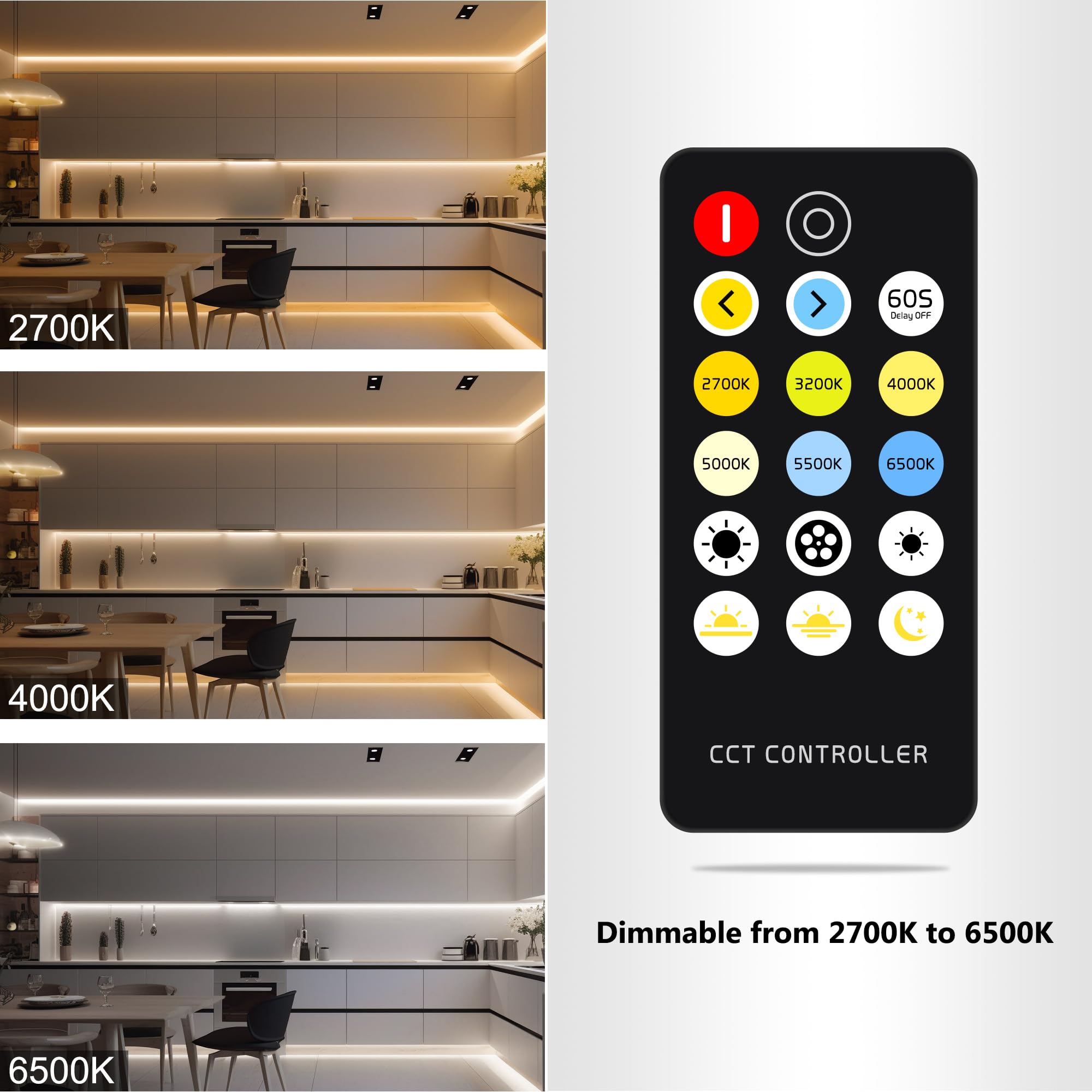 Cct Cob Led Strip Lights, 32.8Ft Dimmable 2700K-6500K 24V Tunable White Led Light Strip Kit, High Density Cri 90+ Led Strips With Remote Controller And Power Supply, For Bedroom Kitchen Home Lighting