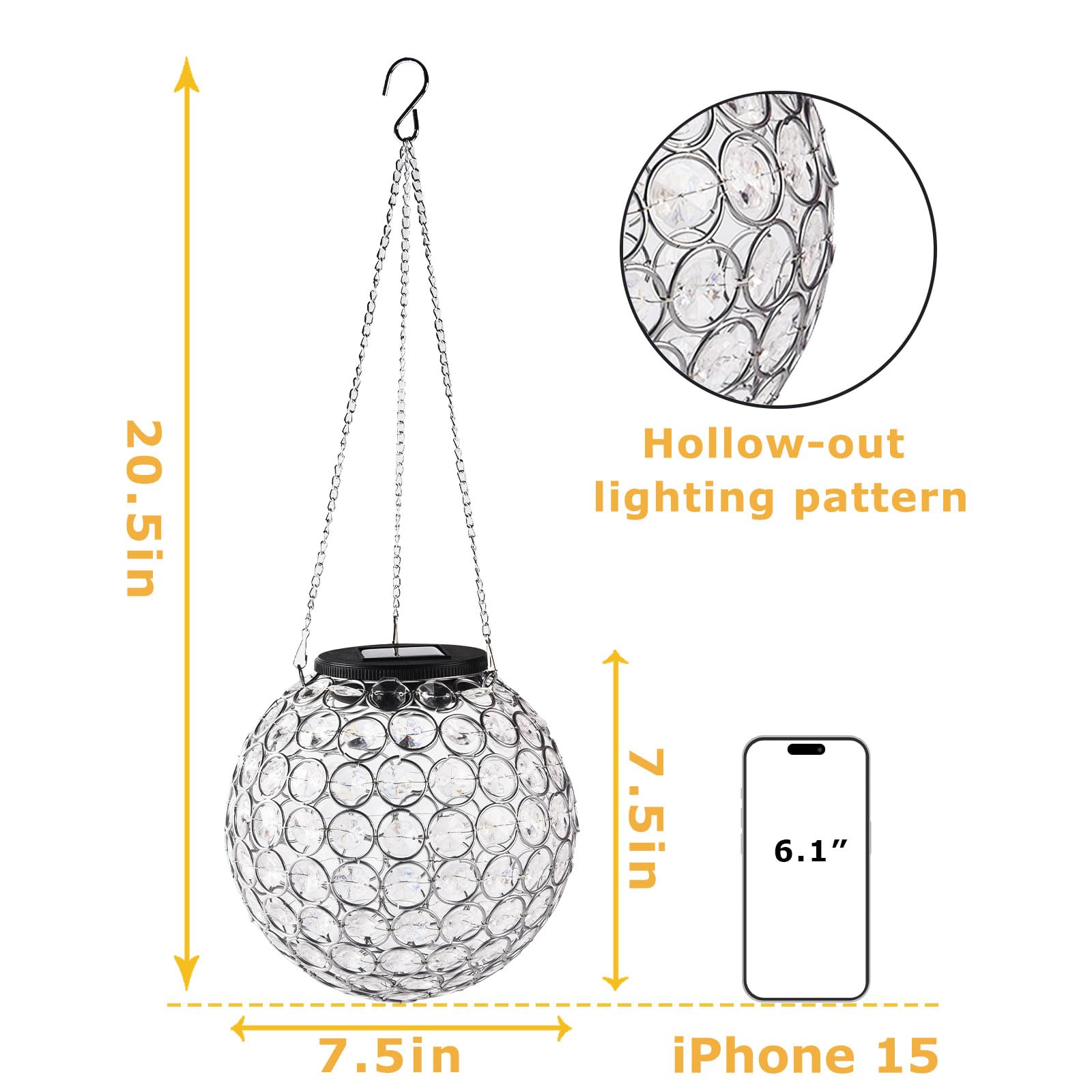 Solar Lantern Hanging Outdoor Christmas Decorative, Dual Leds Dia 7.5‘’ Color Changing And Cool White Crystal Globe Hanging Lights Waterproof With S Hooks Decor In Garden, Pathway, Front Door-Clear