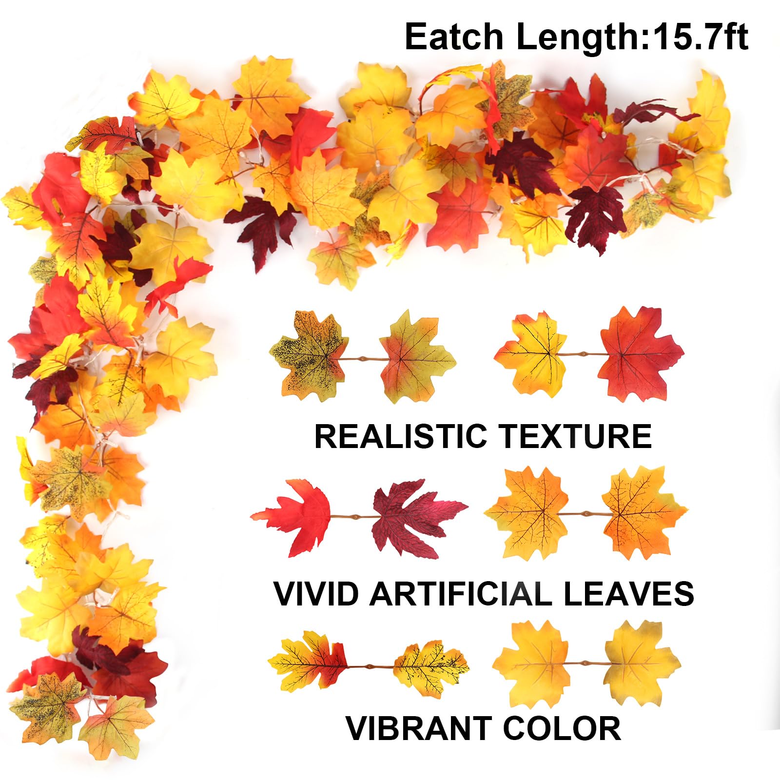 AKIT Lighted Fall Garland 45 LED Outdoor String Lights 15.7FT Waterproof Battery Operated Mix Leaves Model WEH-24FYD-LK6S