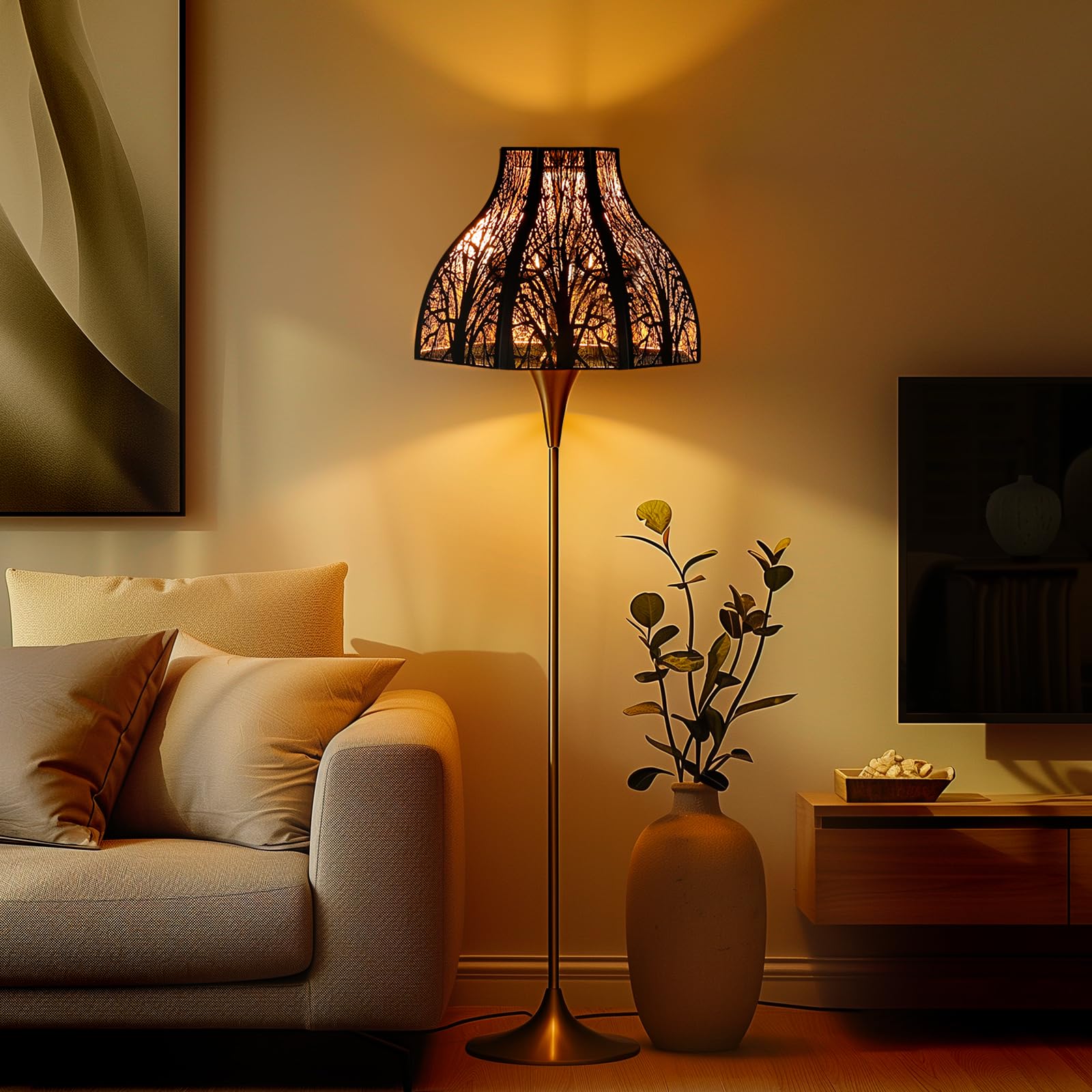 ALUCSET Etched Forest Metal Lampshade 8-Petal Lotus Shape 5.32 x 13 x 9.5 Inch Black/Gold Model LLA-S2353
