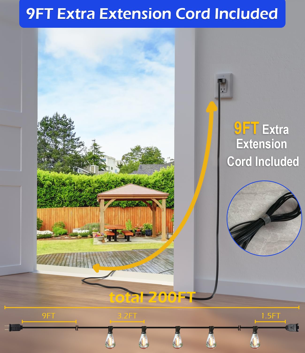 Luckystyle 200Ft Led Outdoor String Lights With 60+2 Edison Shatterproof Waterproof Bulbs, 2700K Commercial Grade Patio Lights,