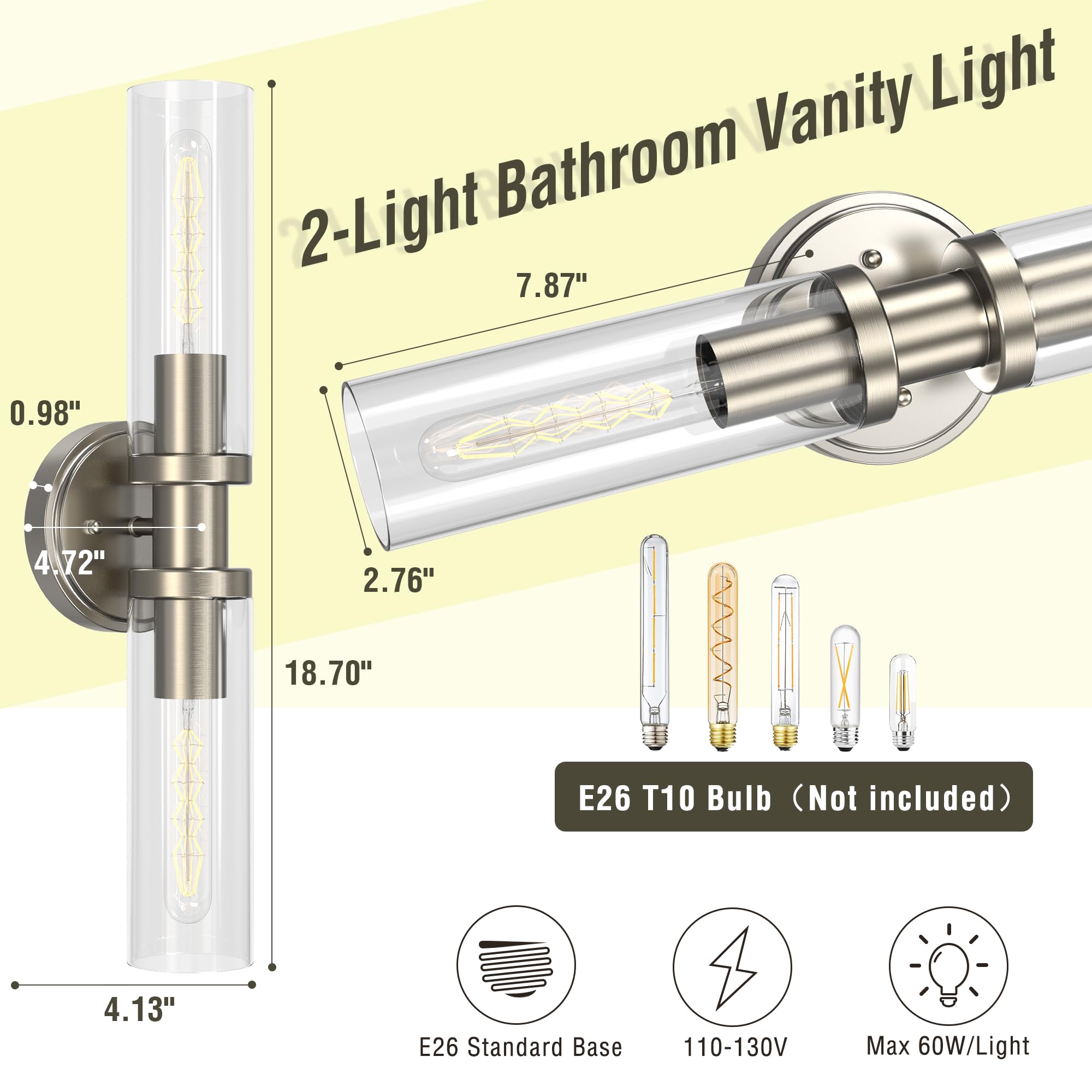 Espird Bathroom Light Fixtures 2-Light Brushed Nickel Metal Vanity Lights Over Mirror Model L03-2-S-NL