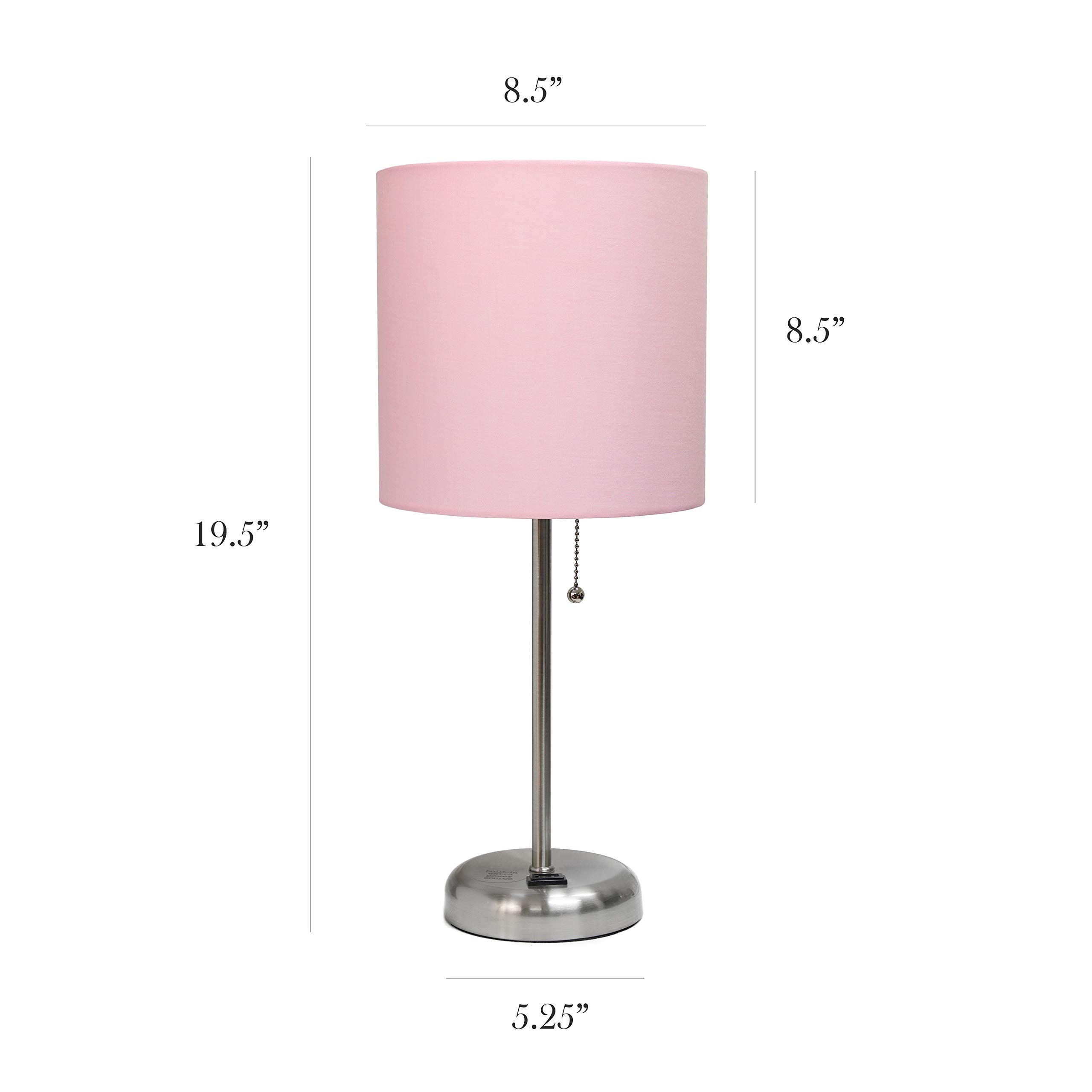 Simple Designs Lc2001-Lpk-2Pk Brushed Steel Stick Table Lamp Set With Charging Outlet And Light Pink Fabric Shades, 2 Pack Set