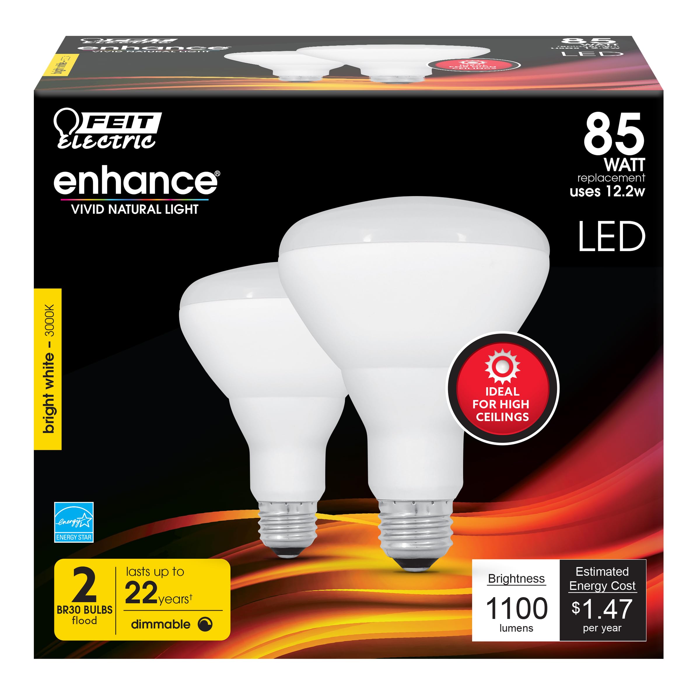Feit Electric BR30 LED Light Bulb, 85W Equivalent, Dimmable Floodlight, E26 Medium Base, CRI 90, 1100 Lumens, 3000K Bright White